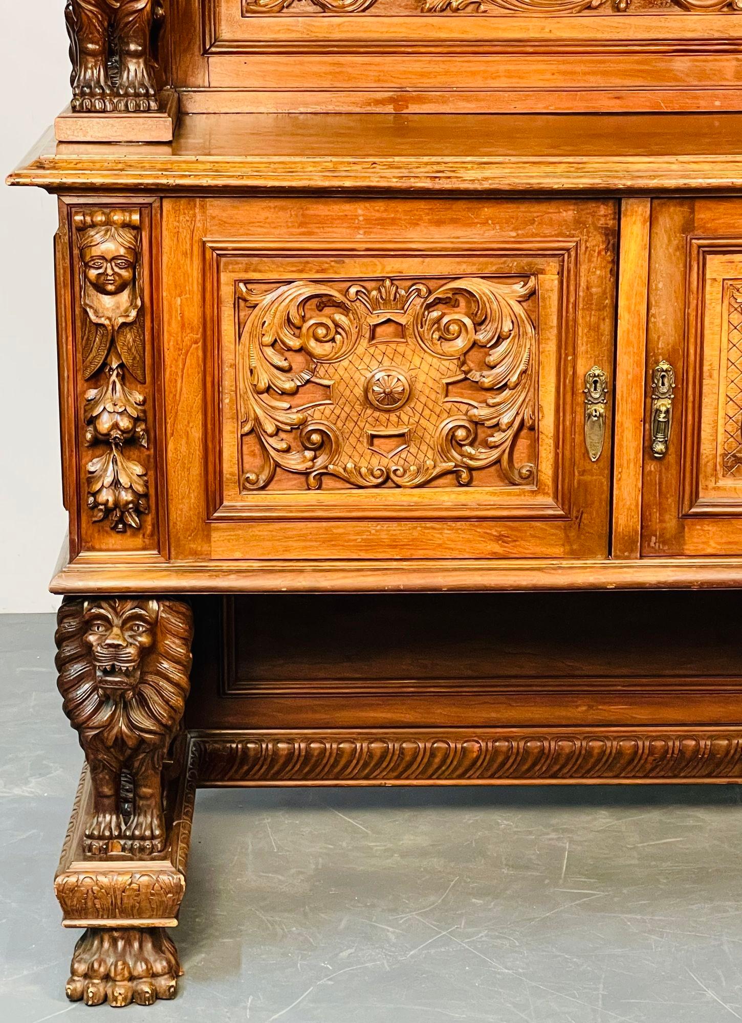 R. J. Horner Victorian Sideboard, Full Lions, Figural, 1880s, Refinished, Monumental in size as it stand almost seven feet high and seven feet wide. Lions measure 14.5 inches in height. 
 
A stunning sideboard having the finest of carving that one