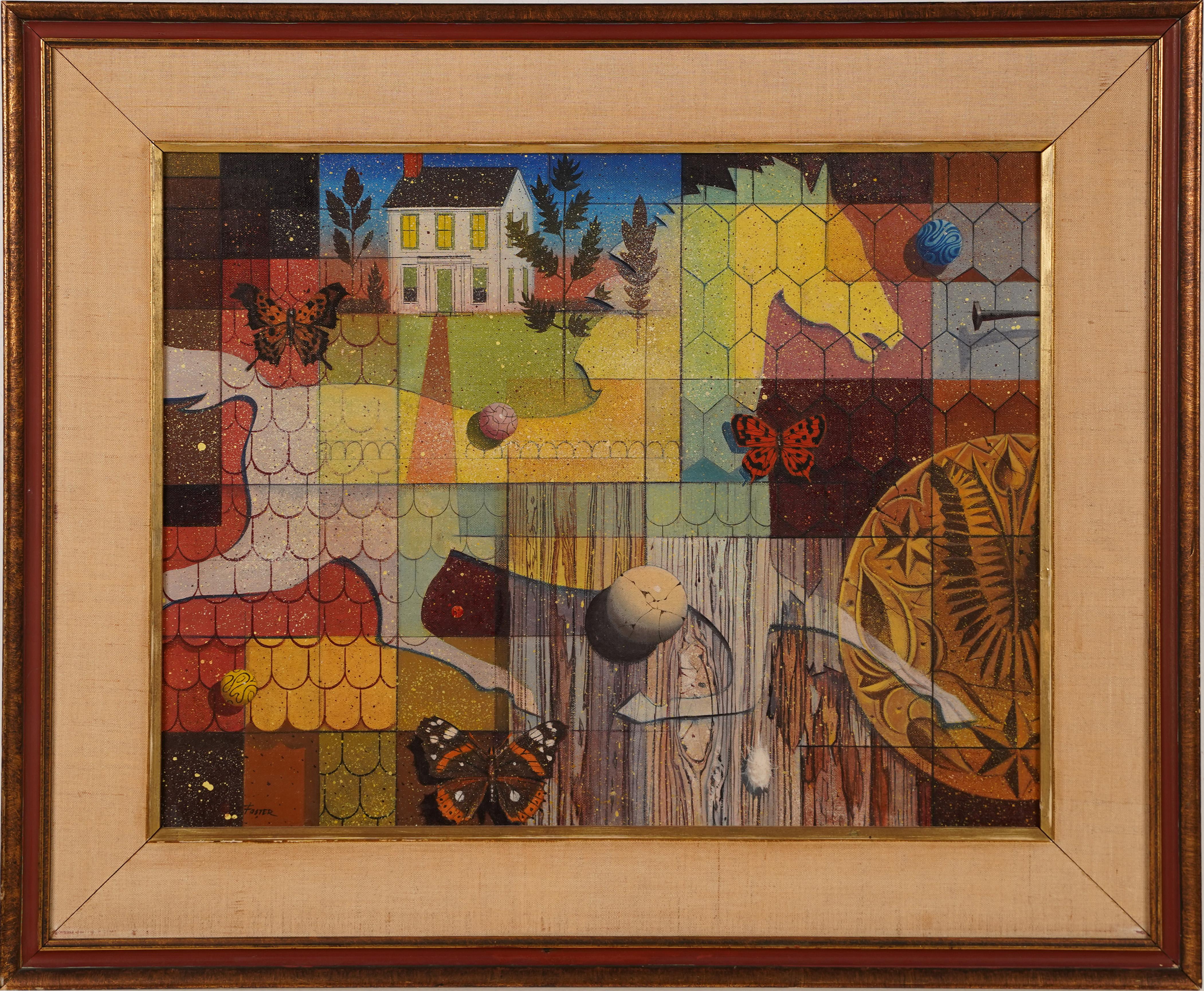 Vintage American School Trompe L'Oeil Firmado Caballo Mariposa Naturaleza Muerta Pintura - Painting de R. John Foster