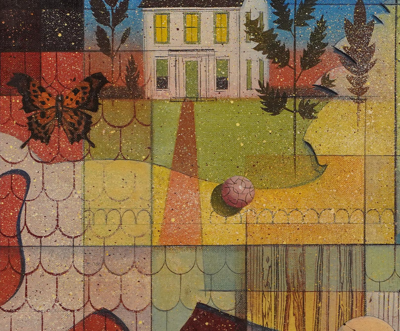 Bodegón abstracto modernista vintage de R. John Foster (1908 - 1989). Óleo sobre tabla, hacia 1950.  Alojada en un marco de época.  Tamaño de la imagen, 24L x 20H. 
