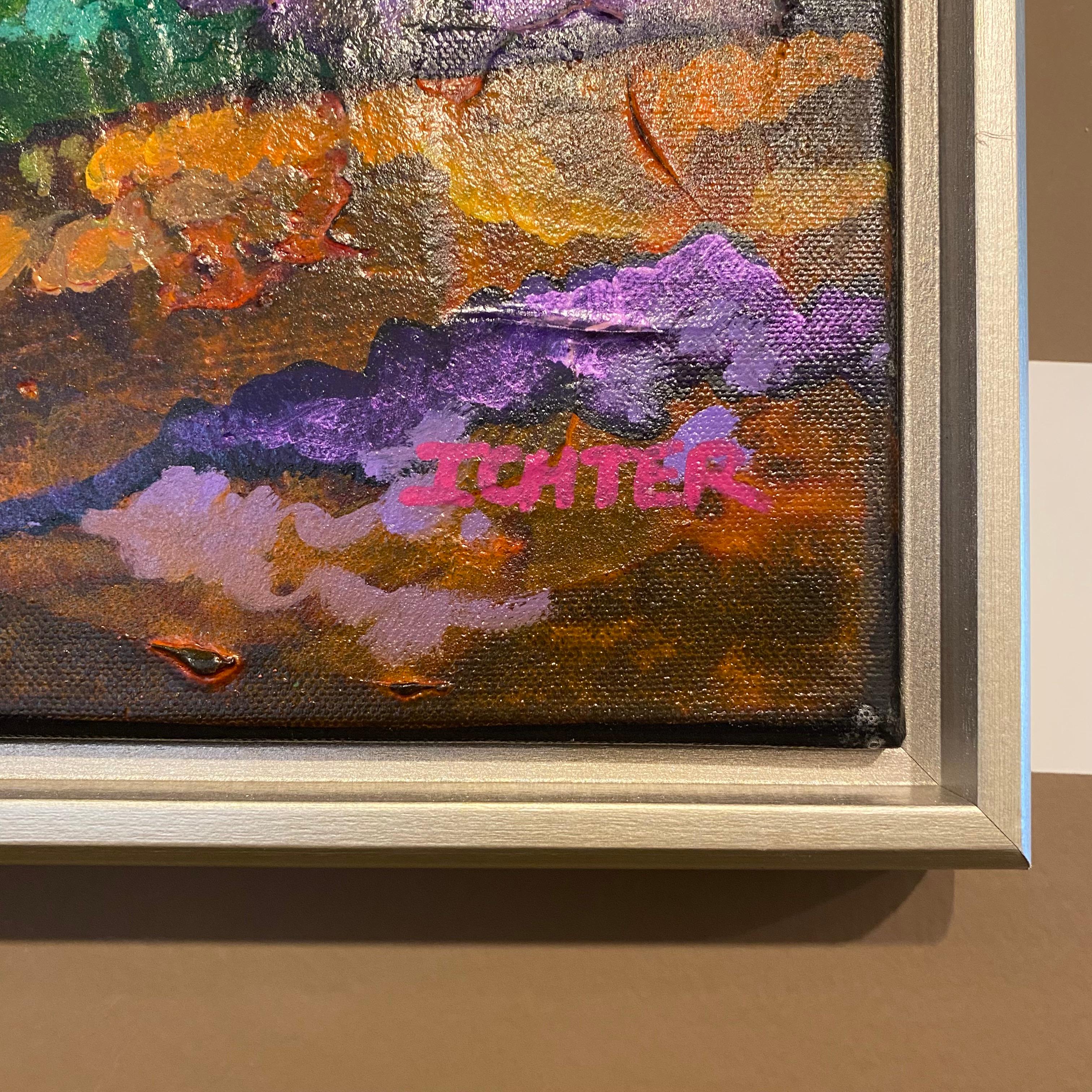 R. La peinture de paysage Into the Tuscan Sky de John Ichter est composée d'acrylique sur toile, mesure 20 x 24 pouces et est vendue au prix de 3 200 $. Le tableau est signé par l'artiste en bas à droite et est également encadré.

Ichter utilise des