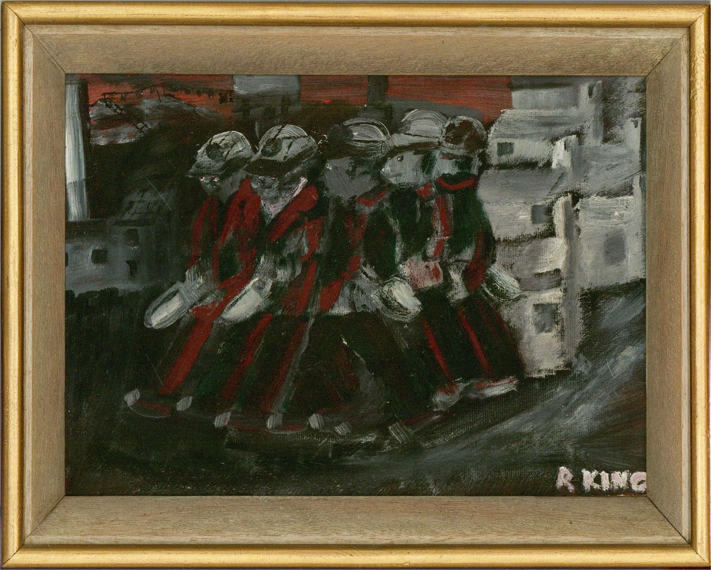 An engaging oil painting by R. King, depicting a group of miners heading into the pit. Signed to the lower right-hand corner. Well-presented in an off-white and gilt wooden frame, as shown. On board.
