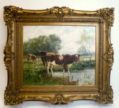 R. L. Johnston, "At The Watering Hole" Oil on Canvas of Cows in a Landscape