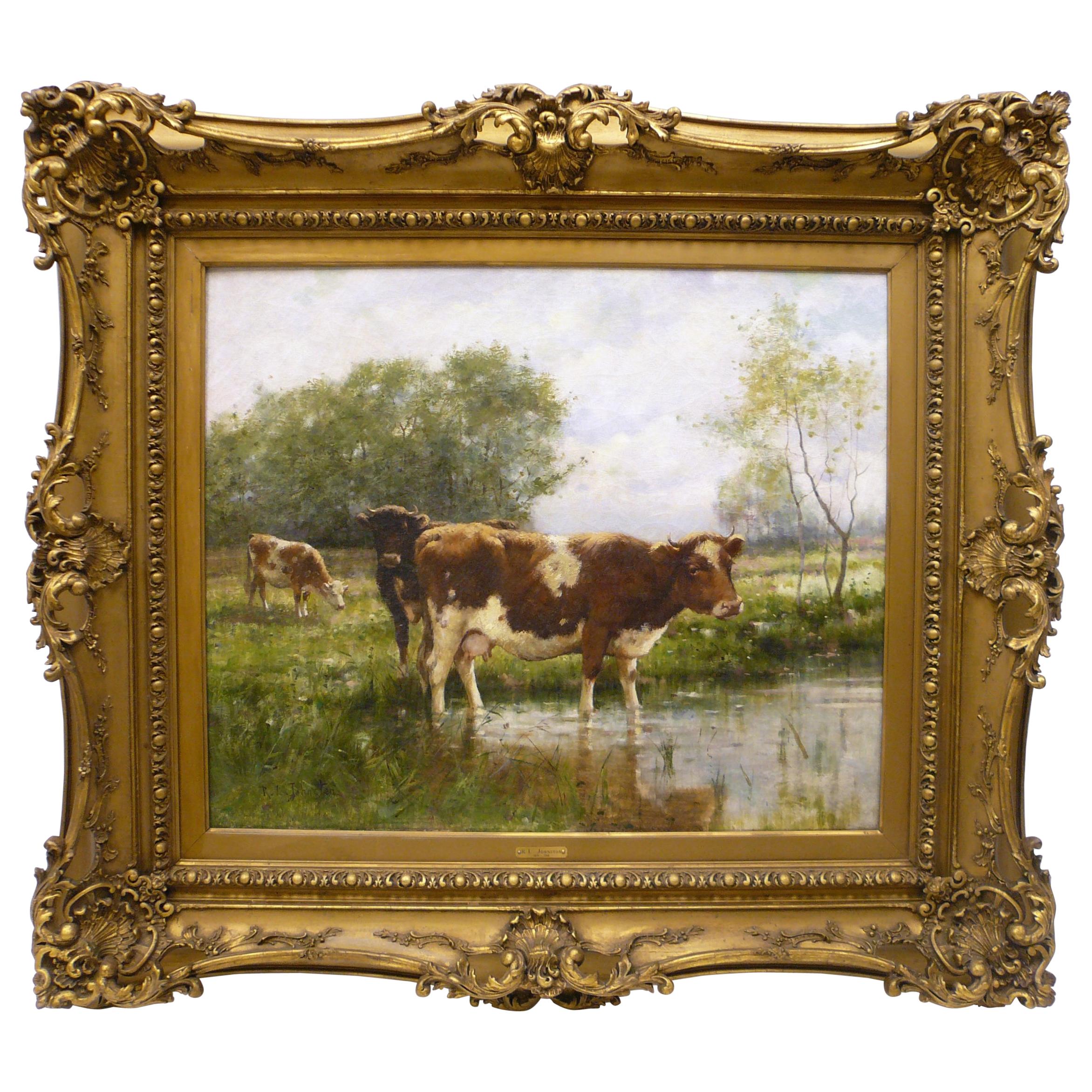 R. L. Johnston, "At The Watering Hole" Oil on Canvas of Cows in a Landscape