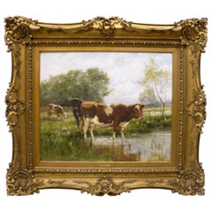 Antique R. L. Johnston, "At The Watering Hole" Oil on Canvas of Cows in a Landscape