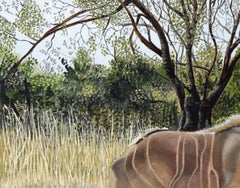 Kudu (African Antelope) in Photorealist Landscape, Acrylic on Canvas, Signed