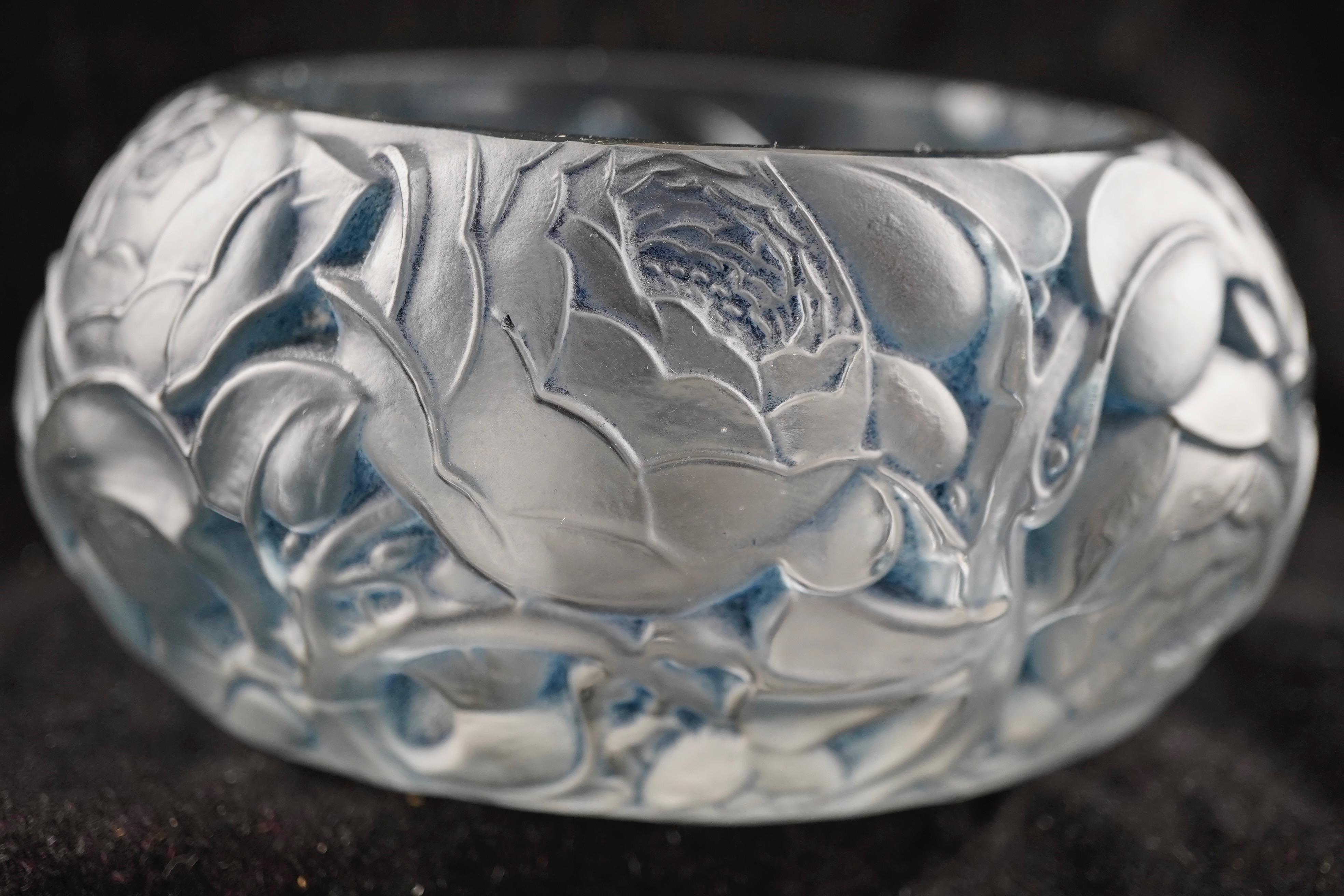 Cast R Lalique Dinard Box Blue Patina For Sale