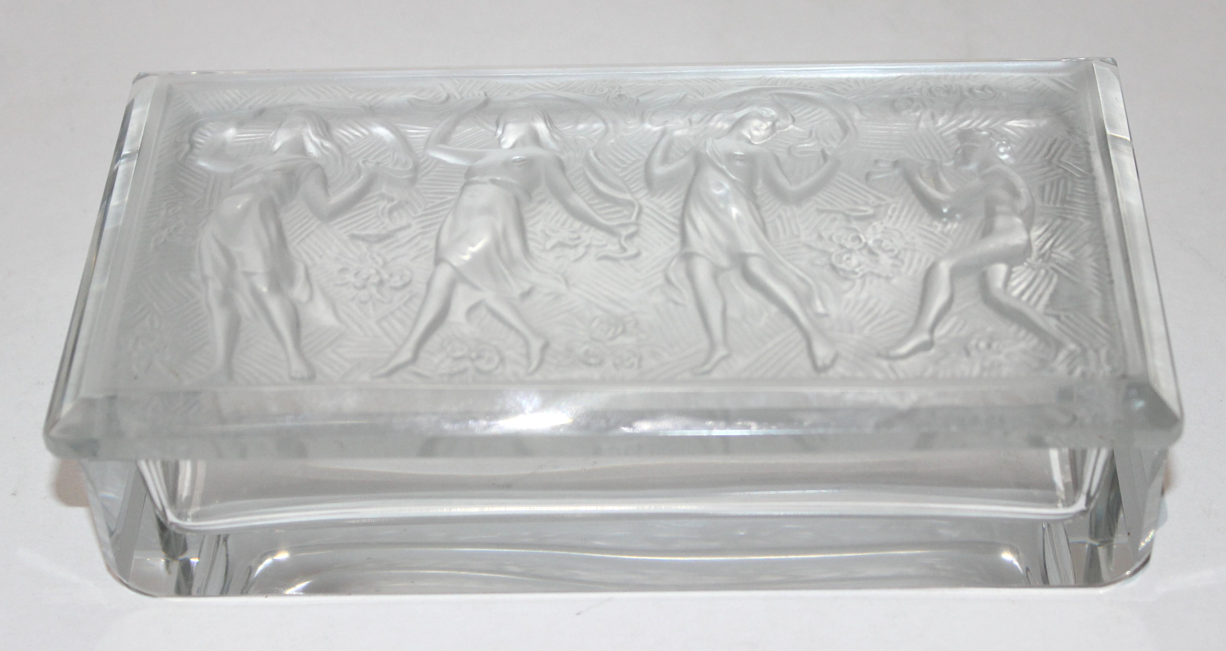 Charming Rene Lalique style box with Girls dancing in nature and flowers to a sprite piping a tune -- from a Palm Beach estate.