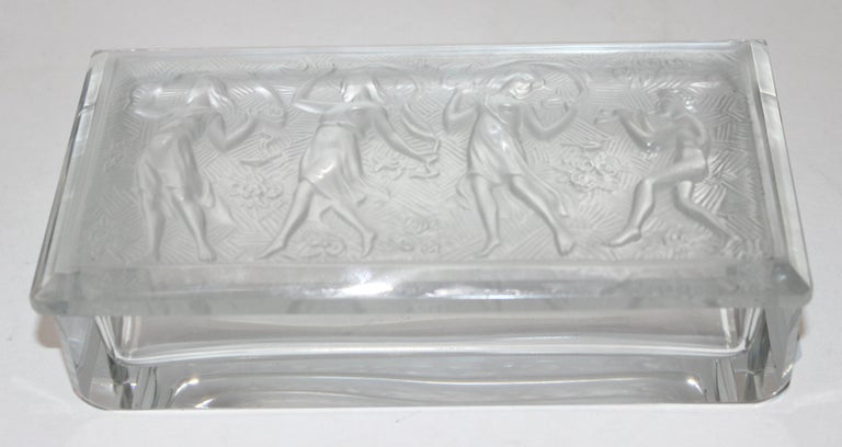 Charming Rene Lalique style box with Girls dancing in nature and flowers to a sprite piping a tune -- from a Palm Beach estate.