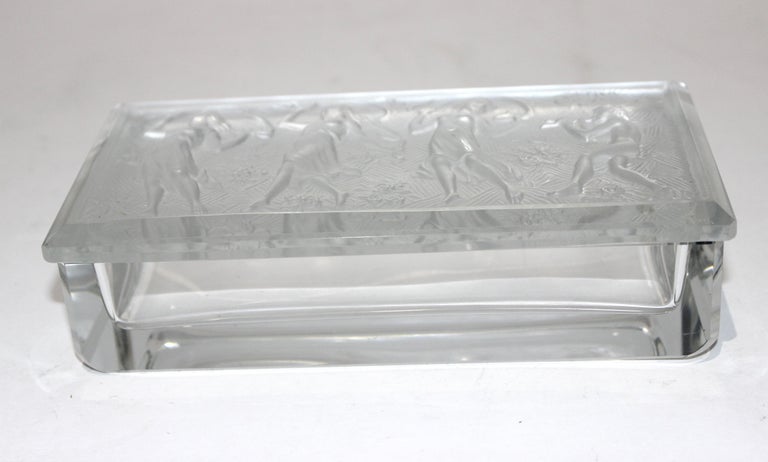 Art Glass R. Lalique Style Frosted Glass Box with Piper and Dancers