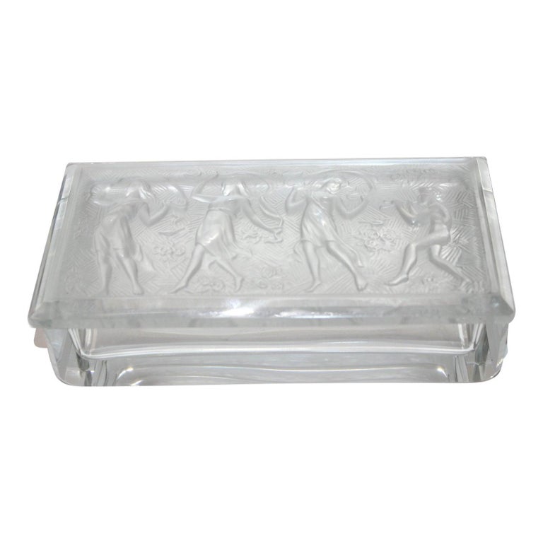 R. Lalique Style Frosted Glass Box with Piper and Dancers