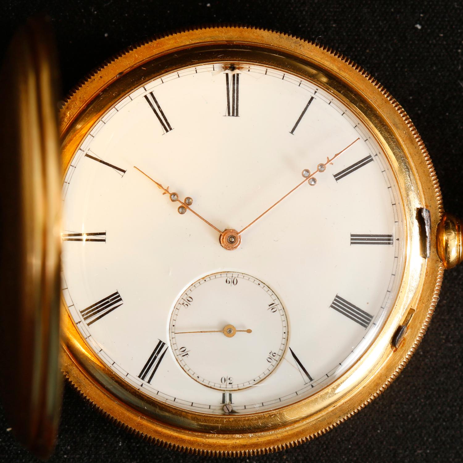 R. Lannier 18k Yellow Gold Men's Pocket Watch - Manual winding; pivoted detent pocket chronometer. 18k yellow gold with initials  (51  mm diameter). White dial with Roman numerals; subdial at 6 o'clock. Pre-owned with custom box.  Extremely high