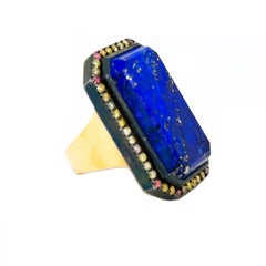 R-LAPI-33 - 18K Yellow Gold & Silver Ring with Lapis & Cognac Diamonds