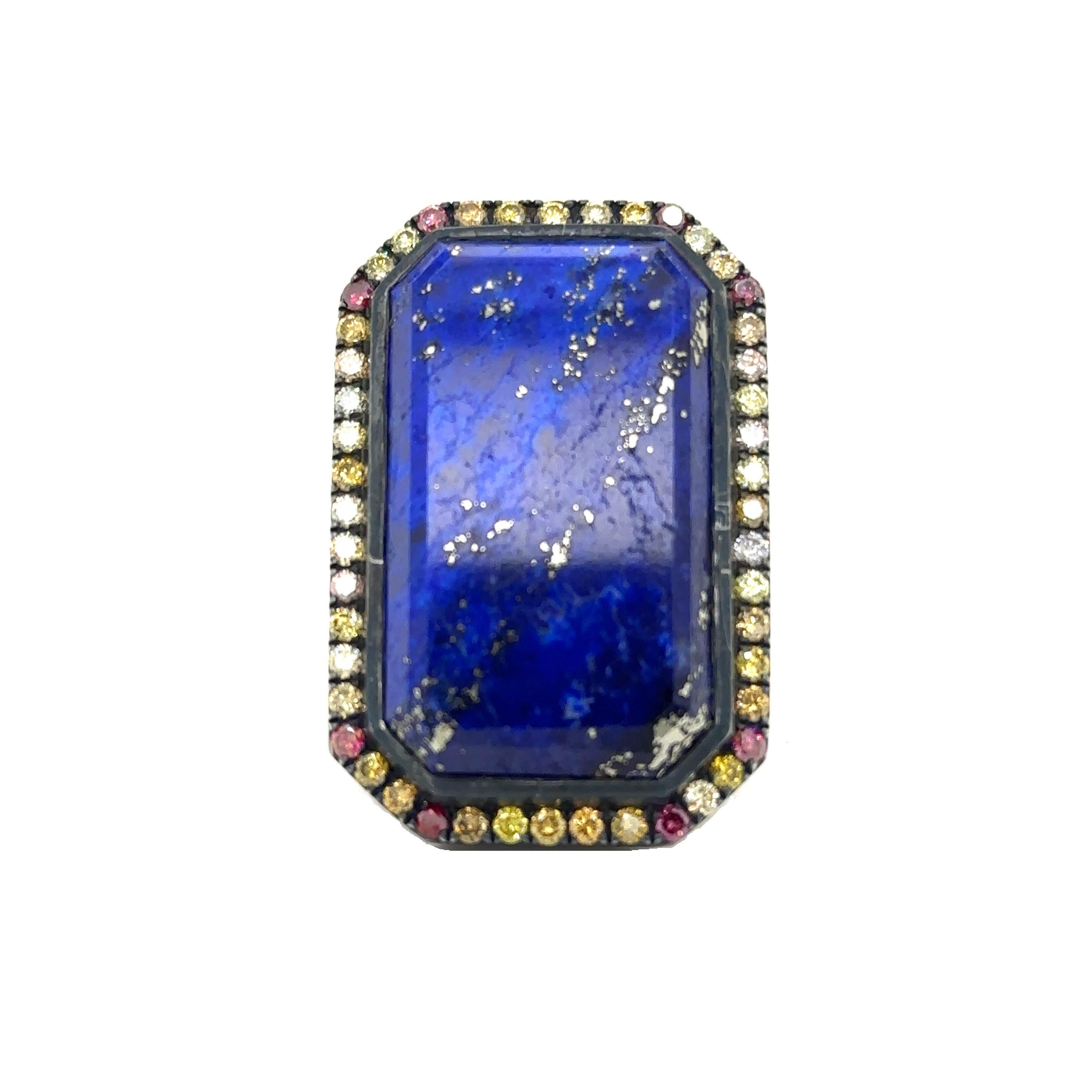 Modern R-LAPI-33 - 18K Yellow Gold & Silver Ring with Lapis & Cognac Diamonds For Sale