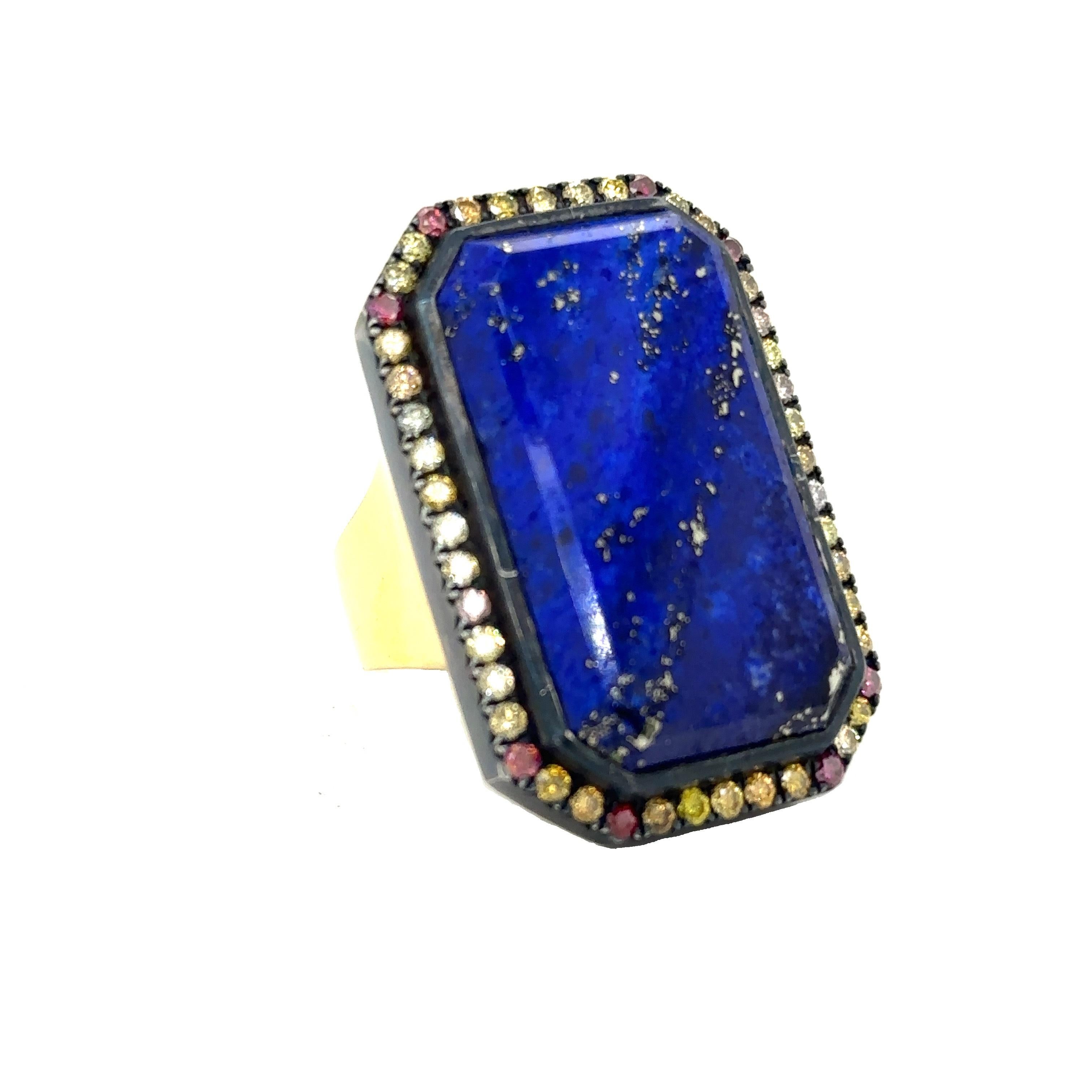 Octagon Cut R-LAPI-33 - 18K Yellow Gold & Silver Ring with Lapis & Cognac Diamonds For Sale