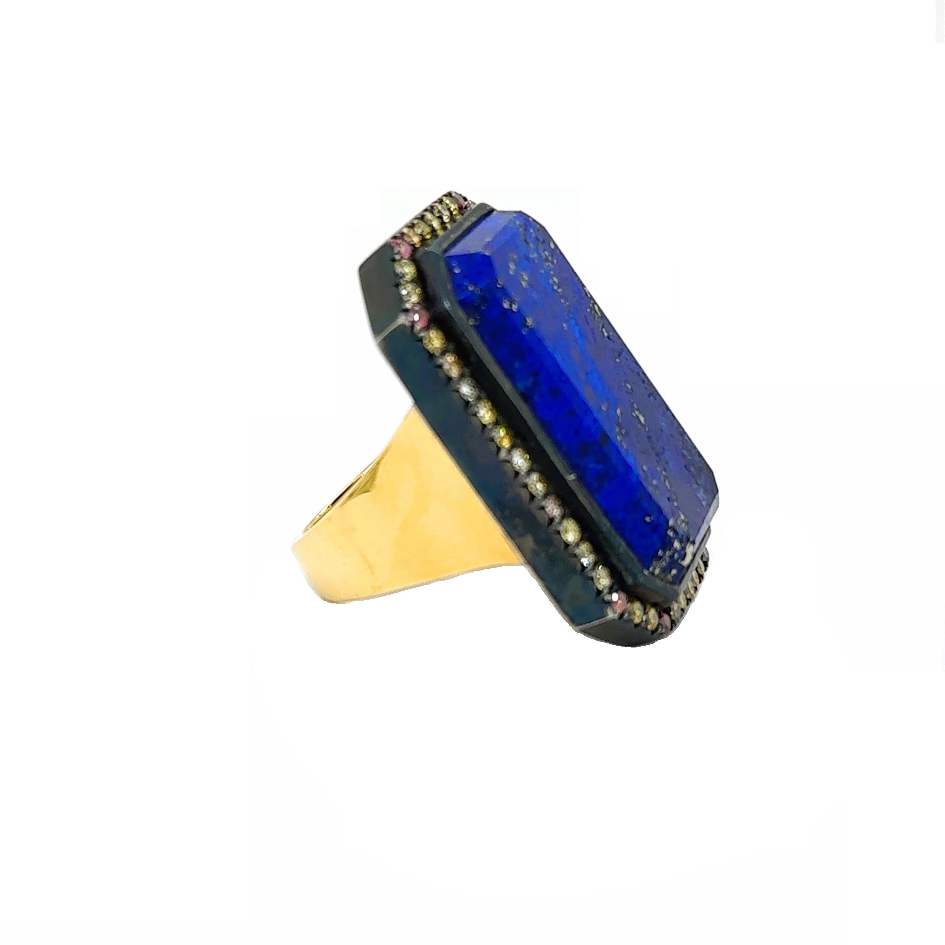 Women's R-LAPI-33 - 18K Yellow Gold & Silver Ring with Lapis & Cognac Diamonds For Sale