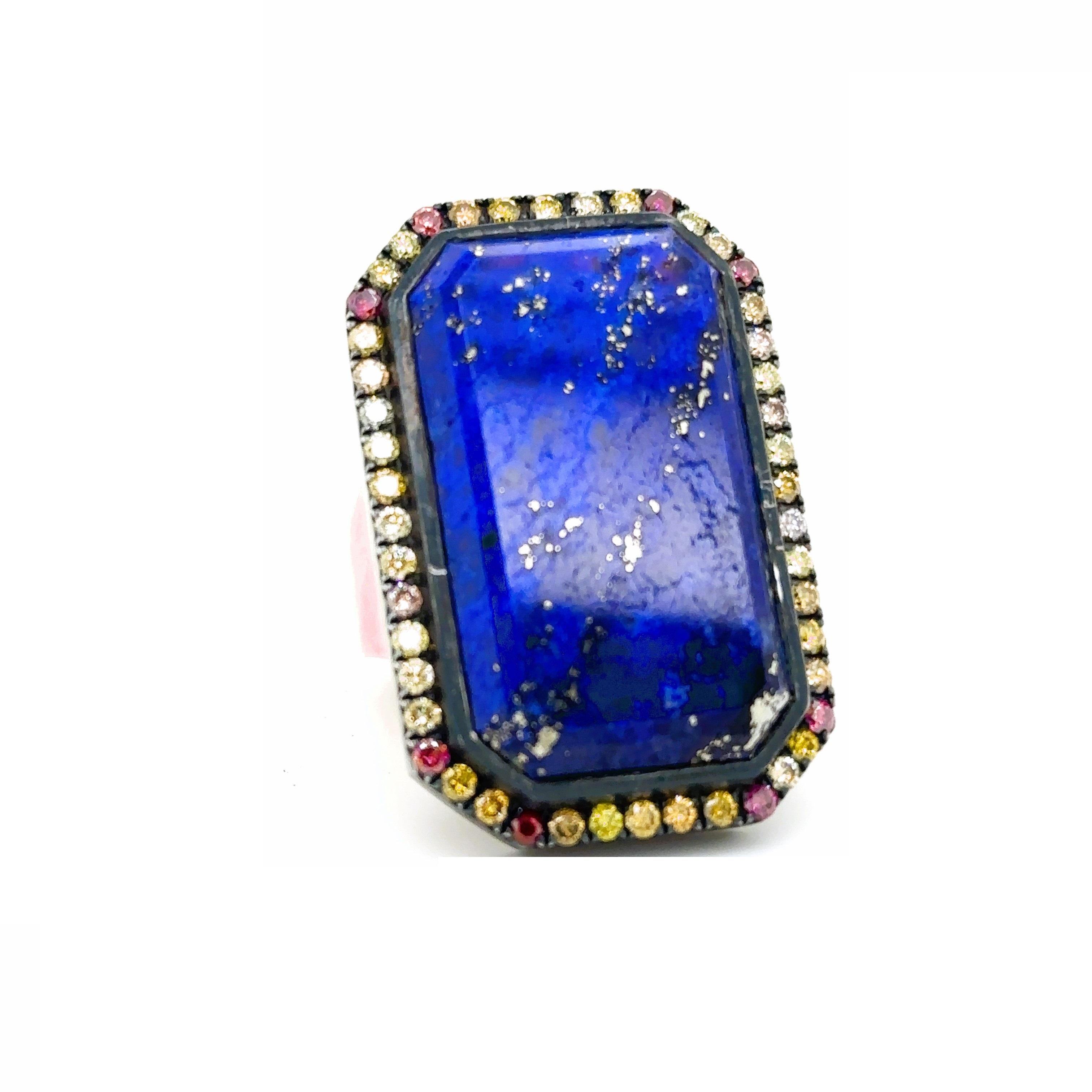 R-LAPI-33 - 18K Yellow Gold & Silver Ring with Lapis & Cognac Diamonds For Sale 1