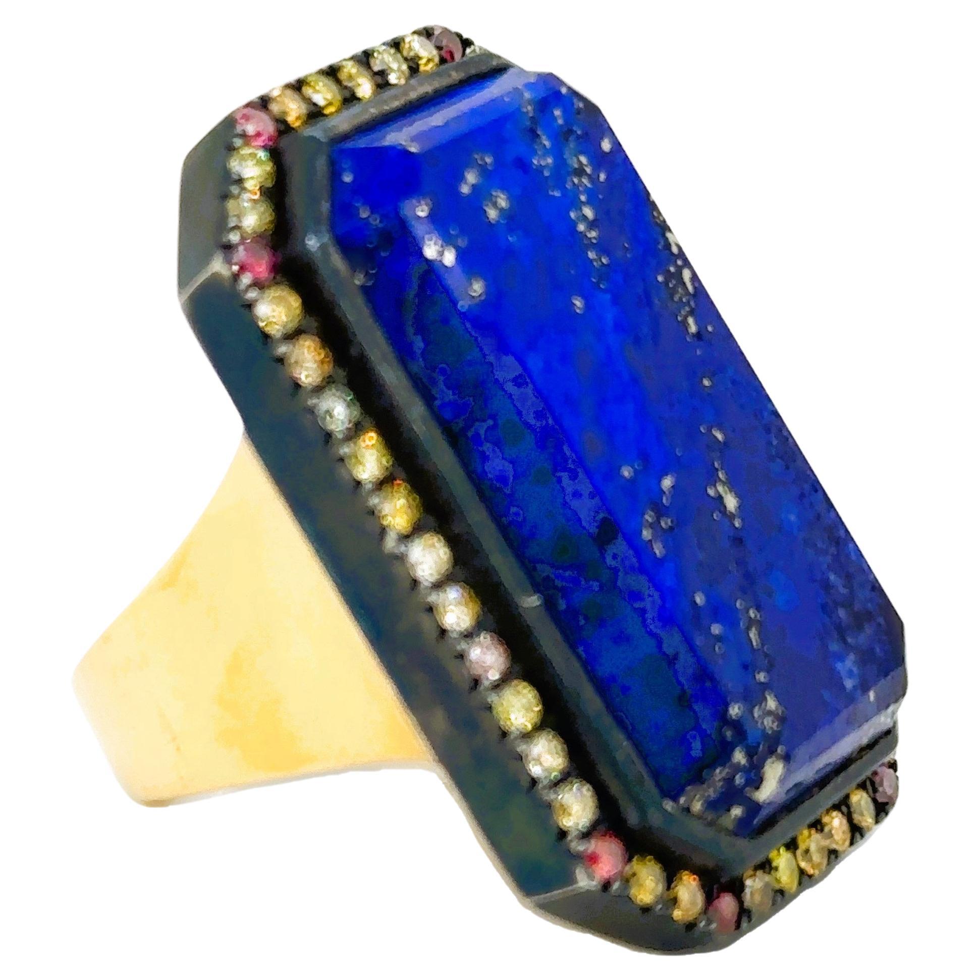 R-LAPI-33 - 18K Yellow Gold & Silver Ring with Lapis & Cognac Diamonds For Sale