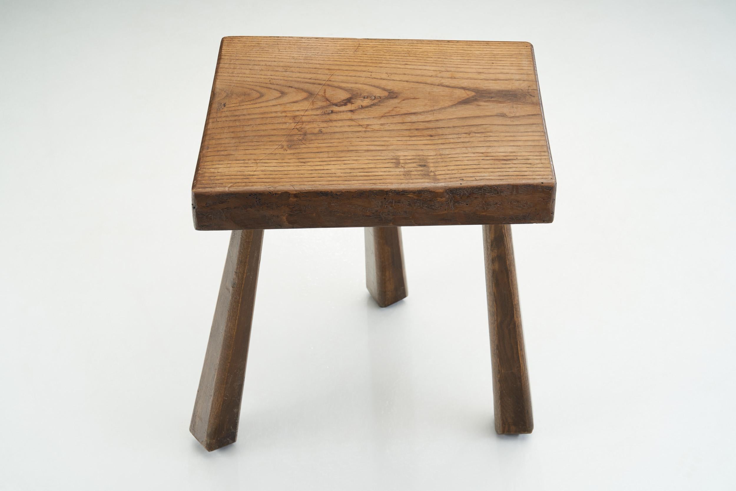 French R. Laveze Stained Oak Tripod Stool, France 1965