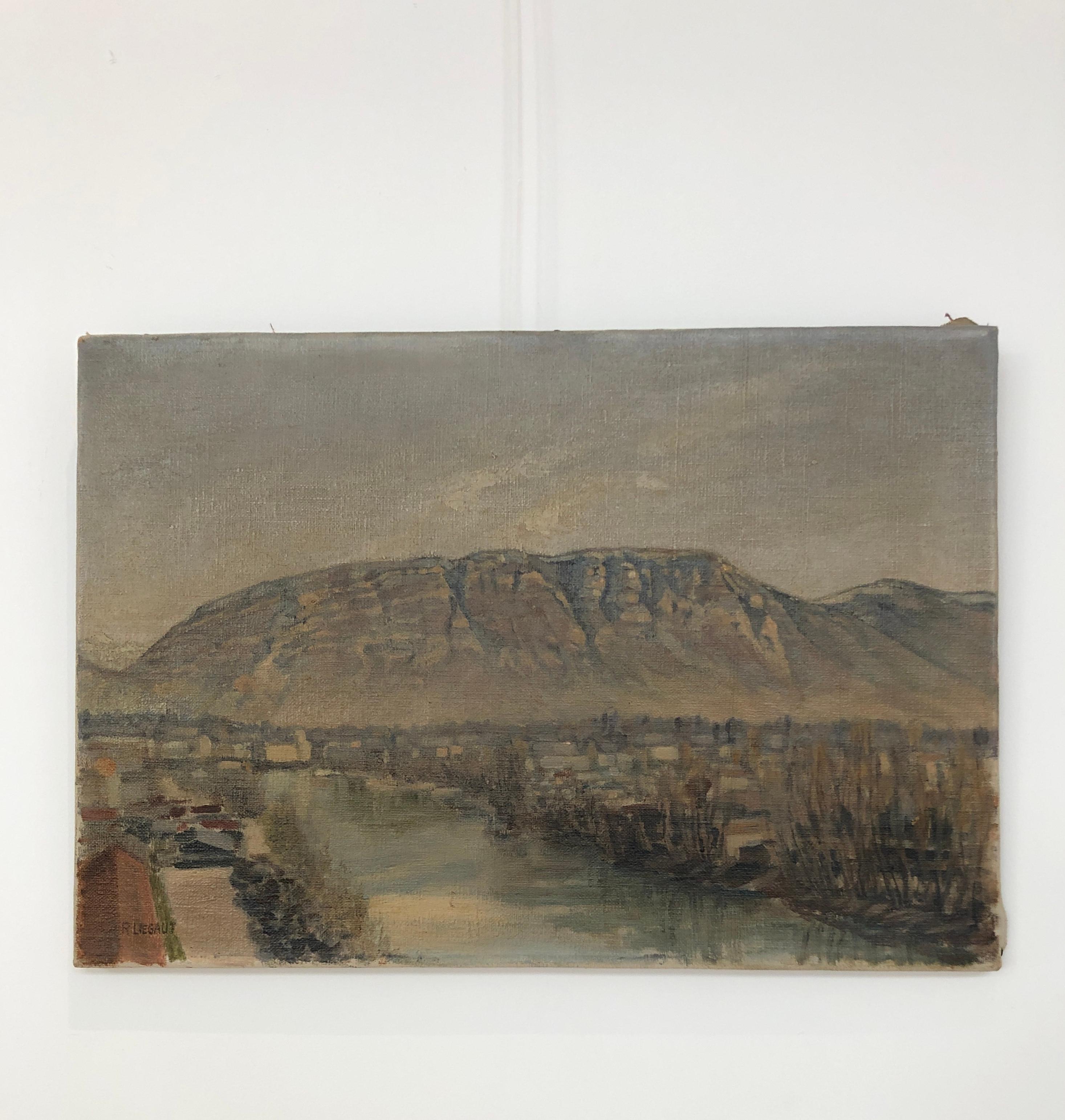 Vue sur le Salève et l'Arve, campagne genevoise - Painting de R. Liegaut