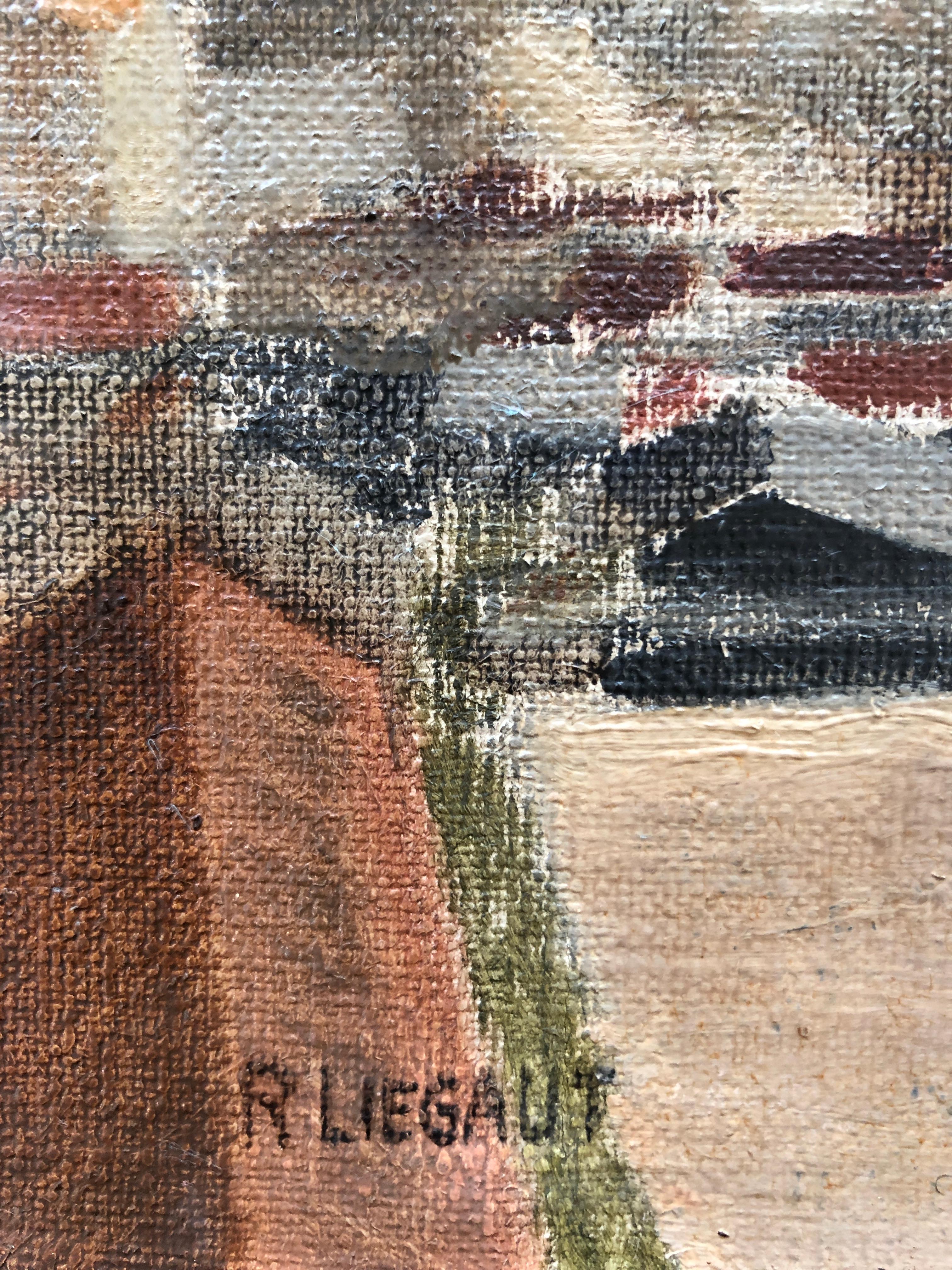 Vue sur le Salève et l'Arve, campagne genevoise - Gris Landscape Painting par R. Liegaut