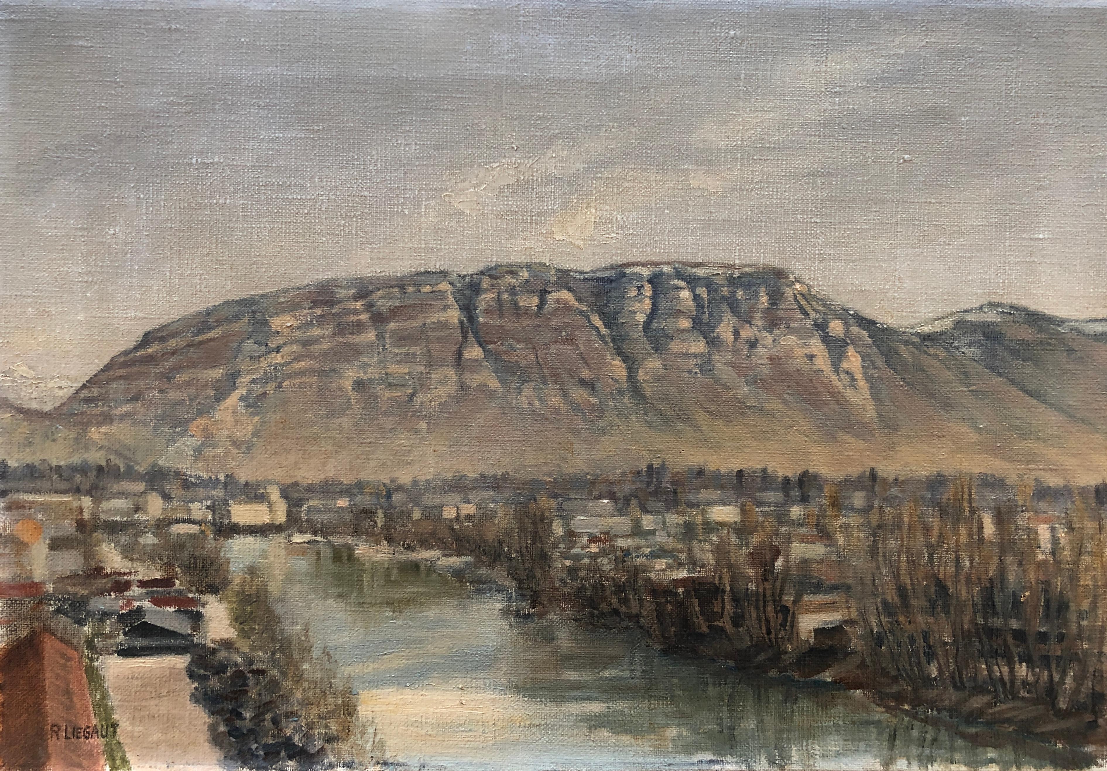 Landscape Painting R. Liegaut - Vue sur le Salève et l'Arve, campagne genevoise