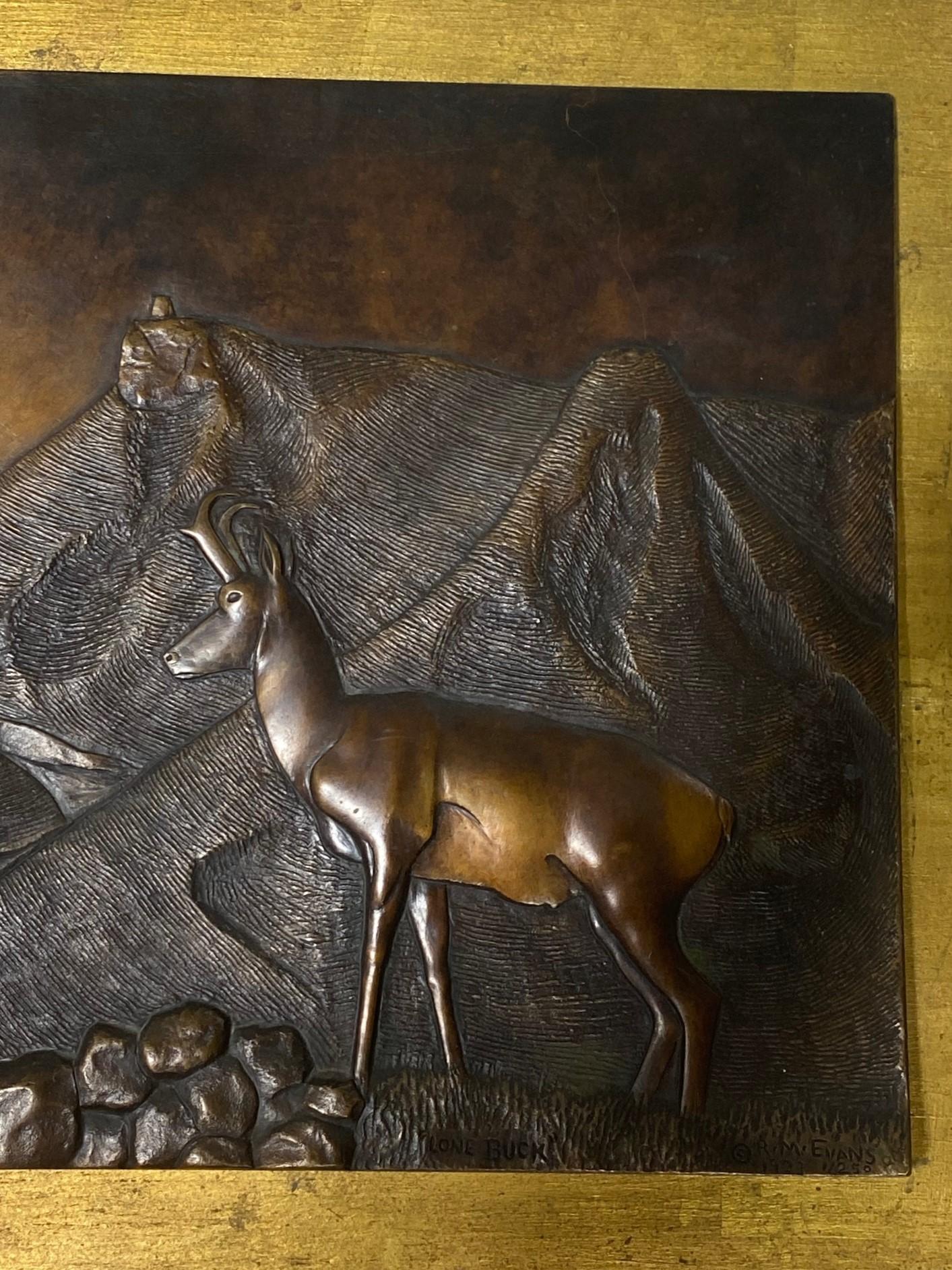 Mid-Century Modern R M Evans Signed Limited Edition Bronze Wall Relief Plaque Sculpture Lone Buck For Sale