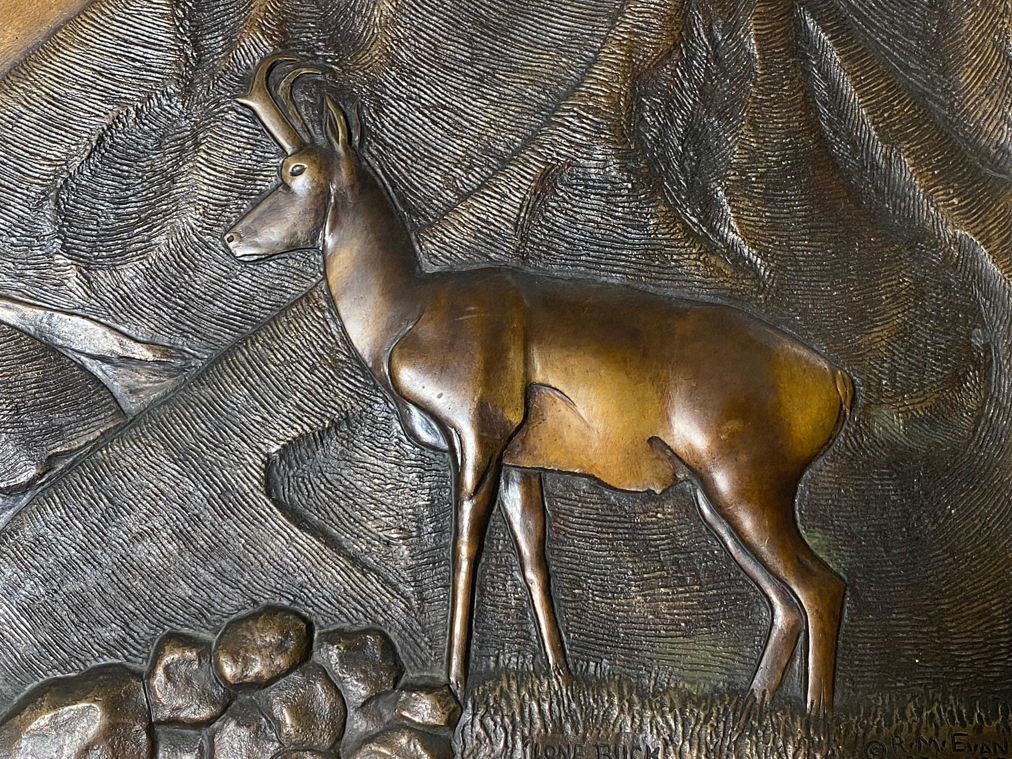 R M Evans Signed Limited Edition Bronze Wall Relief Plaque Sculpture Lone Buck In Good Condition For Sale In Studio City, CA