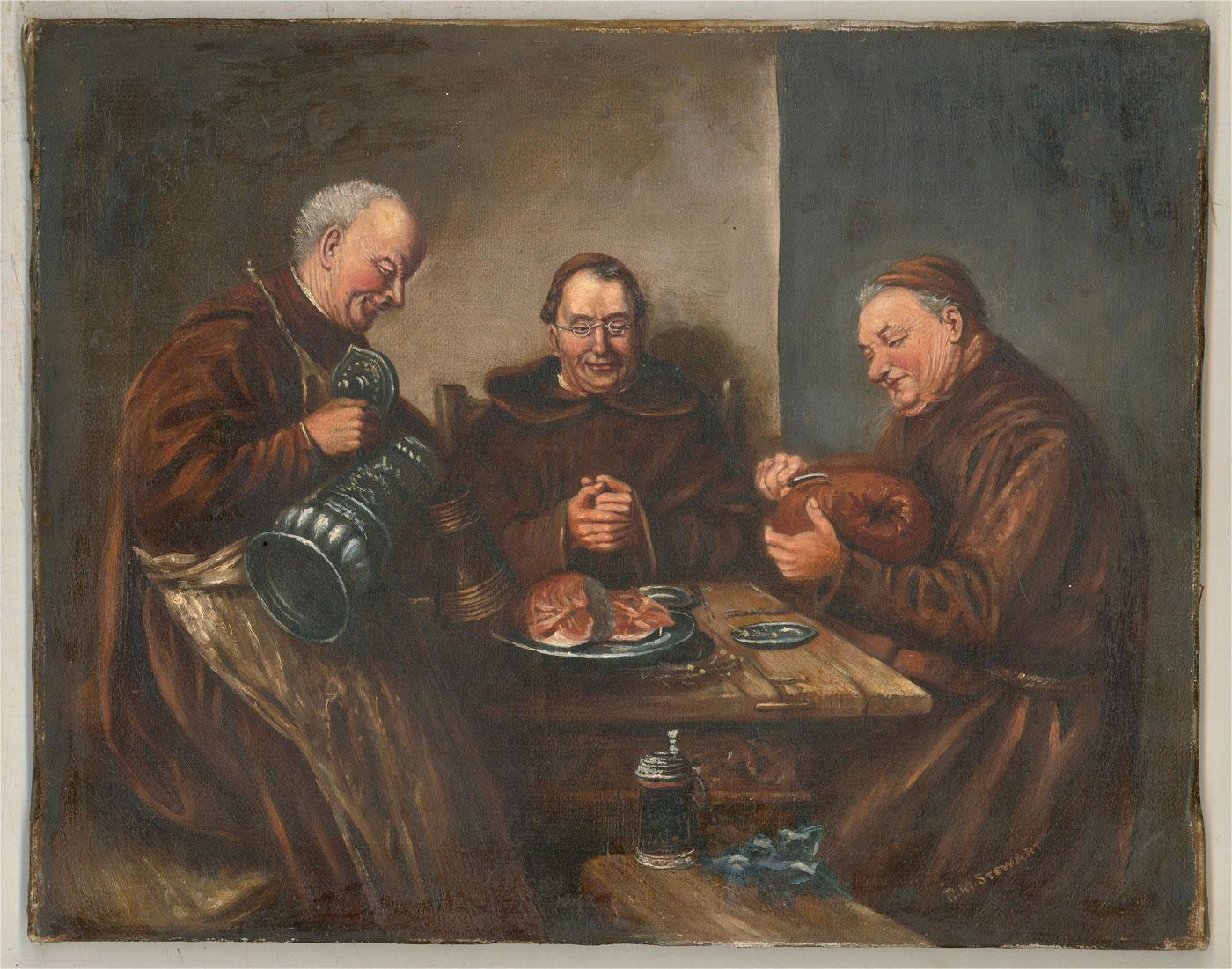 A fine contemporary copy of the original painting byÂ Eduard von GrÃ¼tzner (German, 1846â€“1925). The scene shows three monks, slicing meat and pouring ale in preparation for a hearty supper. The artist has signed to the lower right corner. On