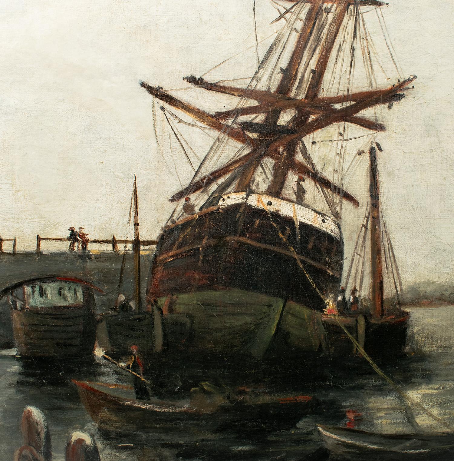 R. Manson (19.-20. Jahrhundert)
Schiffe im Hafen, 1904
Öl auf Leinwand, signiert und datiert unten links.
Größe der Leinwand: 54 x 65 cm. Gerahmt in einem champagnervergoldeten Rahmen (Restaurierung, Unterfütterung).

Diese stimmungsvolle Hafenszene