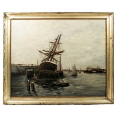 R. Manson (19°-20° ca.) NAVI NEL PORTO, 1904, olio su tela