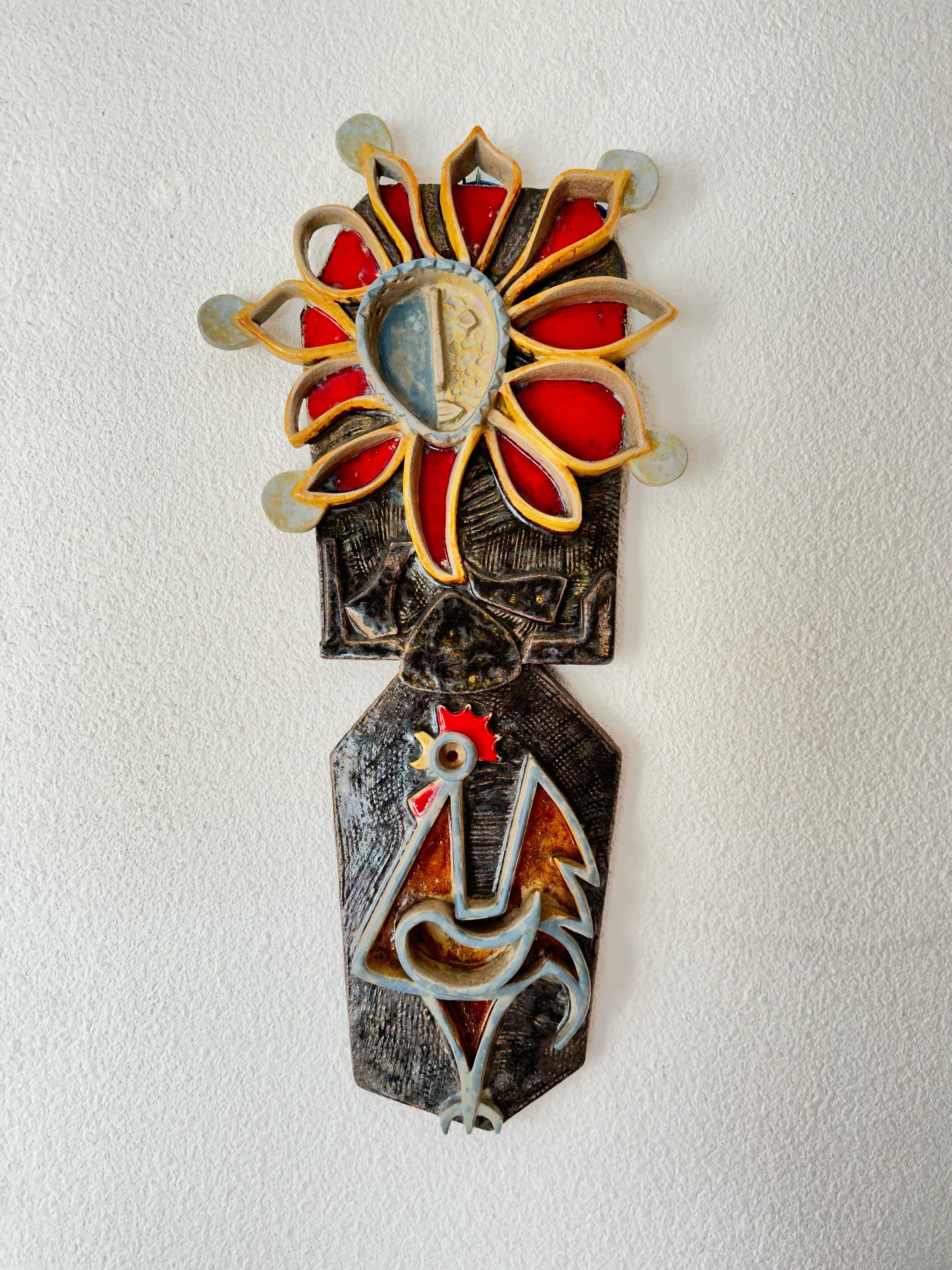 THE CROW OF THE COCK.

Unique work and very decorative.

Cock and Sun ceramic wall panel. 

Made by a R. MAREZ, French ceramist based in Vallauris ( South of France ).

Amazing colors and enamel work.

signed on the front R.MAREZ.

Big