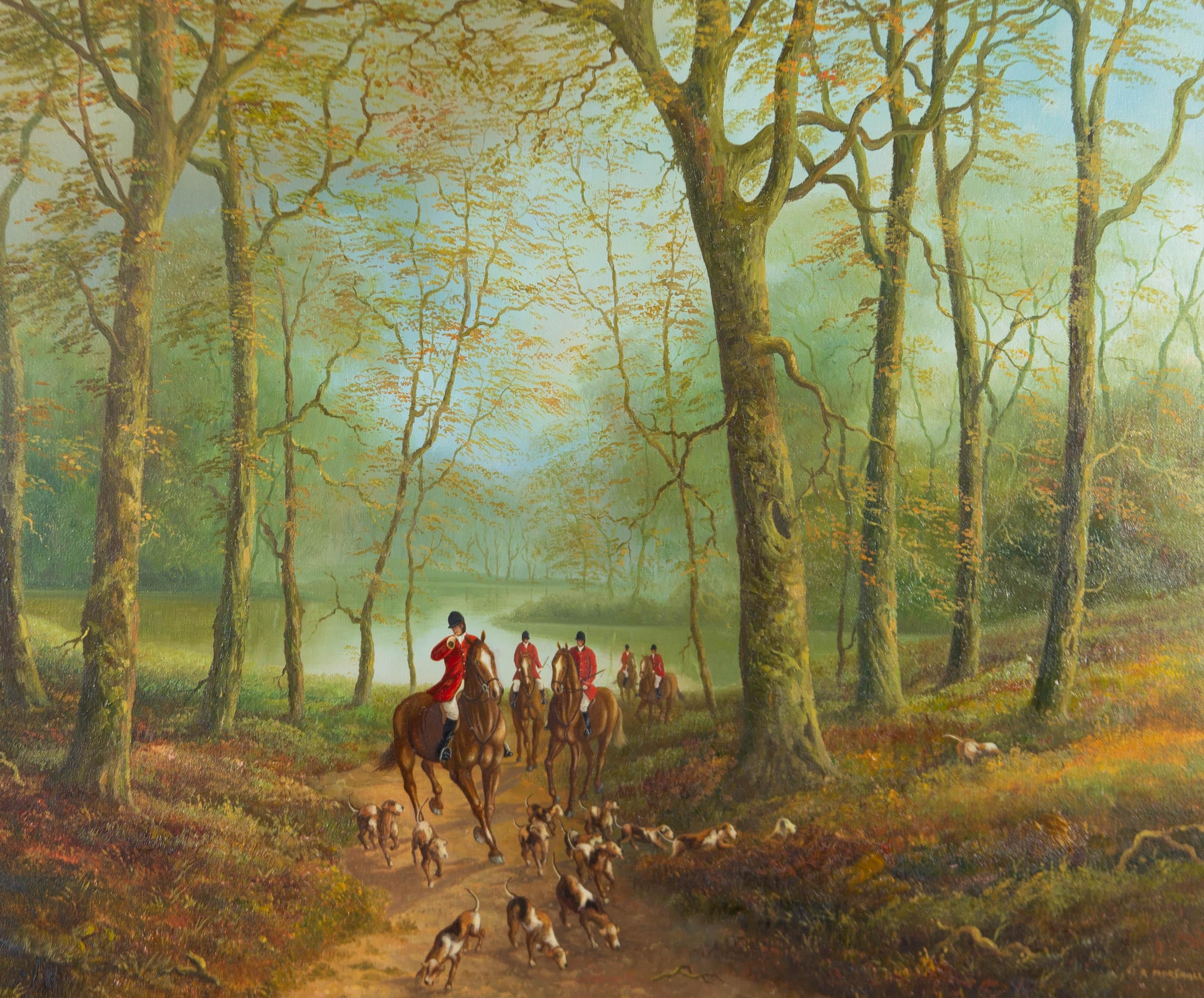 Hunting dogs bound into the foliage in this intriguing oil depicting a hunting scene.

With a combination of smooth, precisely blended areas, and subtle impasto marks, this painting is orchestrated to marvelous effect.

Signed in the bottom