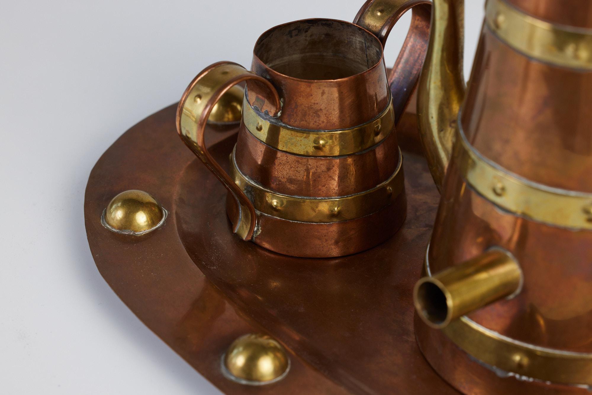 R. Martinez Mexican Brass & Copper Tea Service Set In Excellent Condition For Sale In Los Angeles, CA