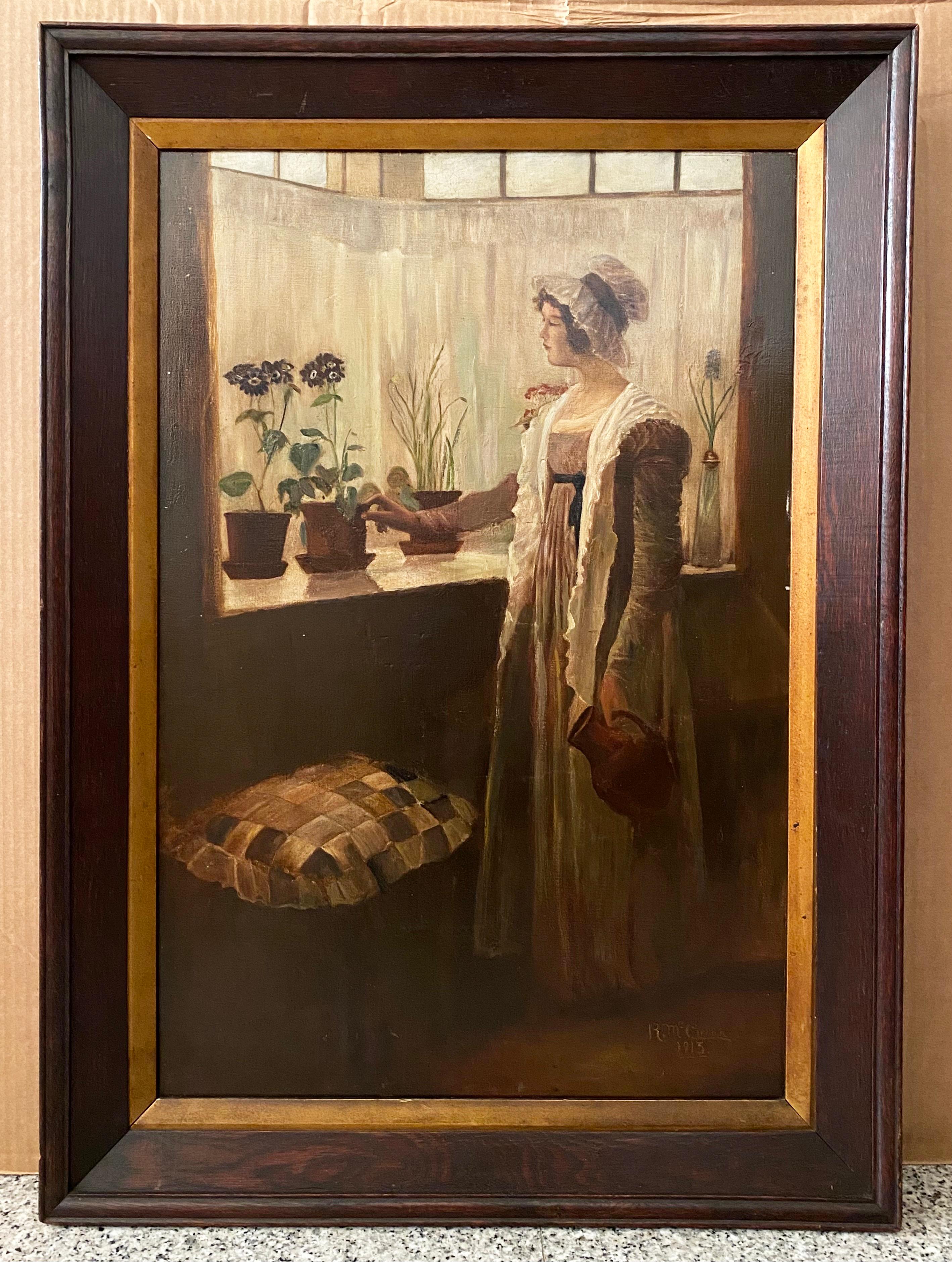 Escuela Americana (XX) - Joven junto a la ventana - Óleo sobre tela - Año 1913 - Painting by R. Mc.Clellan 
