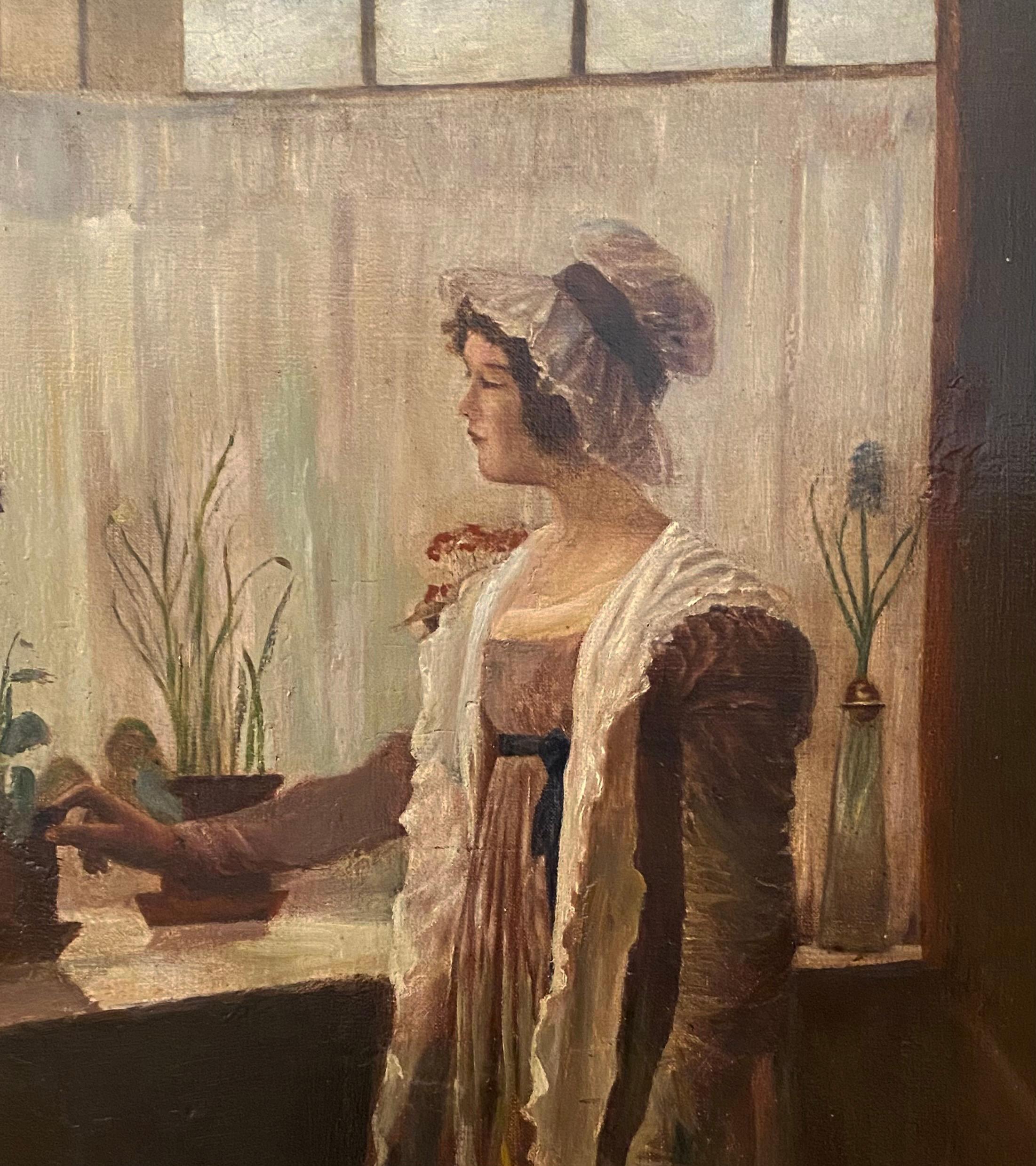 Escuela Americana (XX) - Joven junto a la ventana - Óleo sobre tela - Año 1913 - Black Figurative Painting by R. Mc.Clellan 