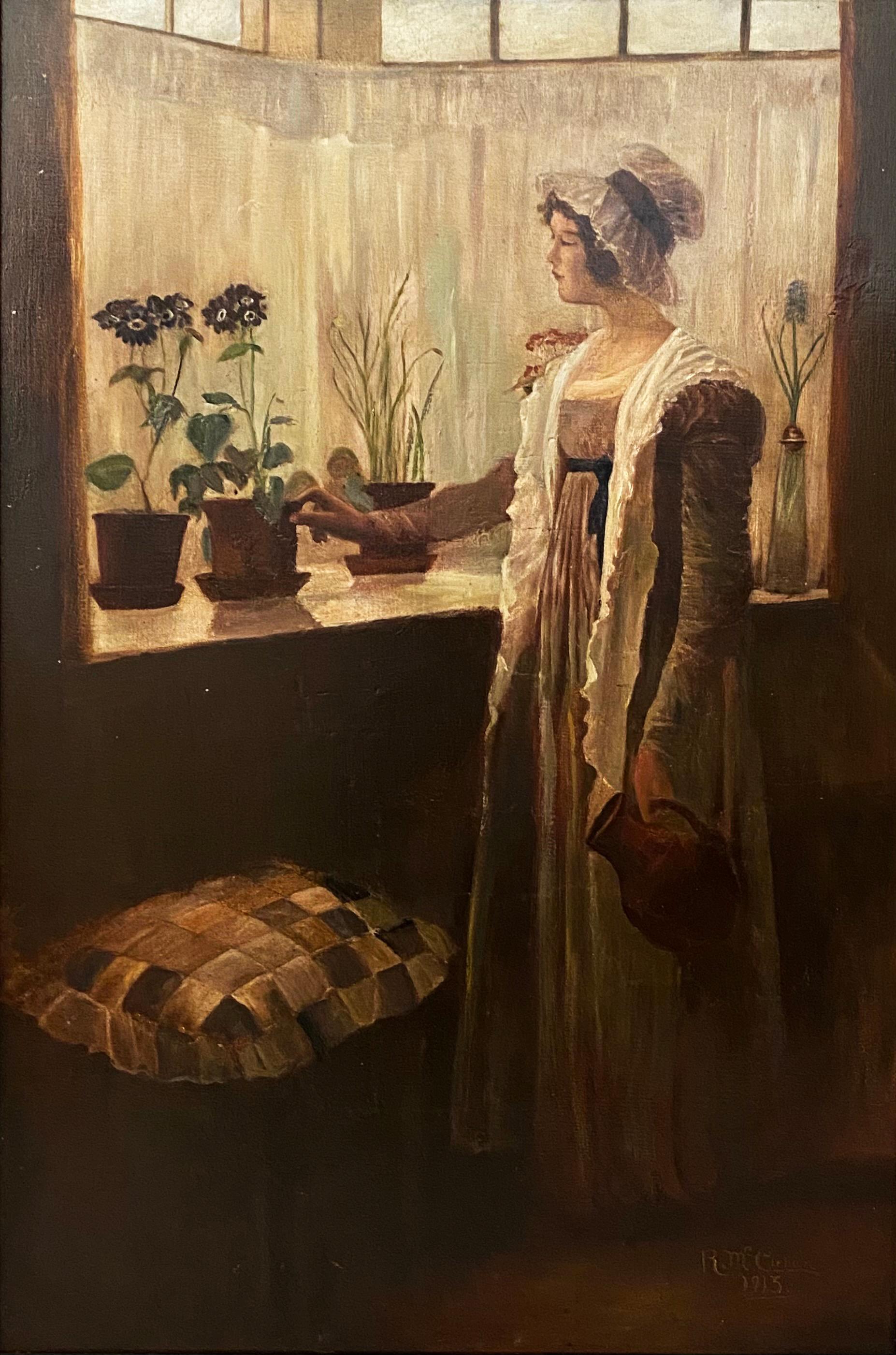 R. Mc.Clellan  Figurative Painting - Escuela Americana (XX) - Joven junto a la ventana - Óleo sobre tela - Año 1913