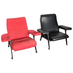 R. Menghi by Arflex Midcentury Red Fabric and Black Skai Pair of Armchairs, 1958
