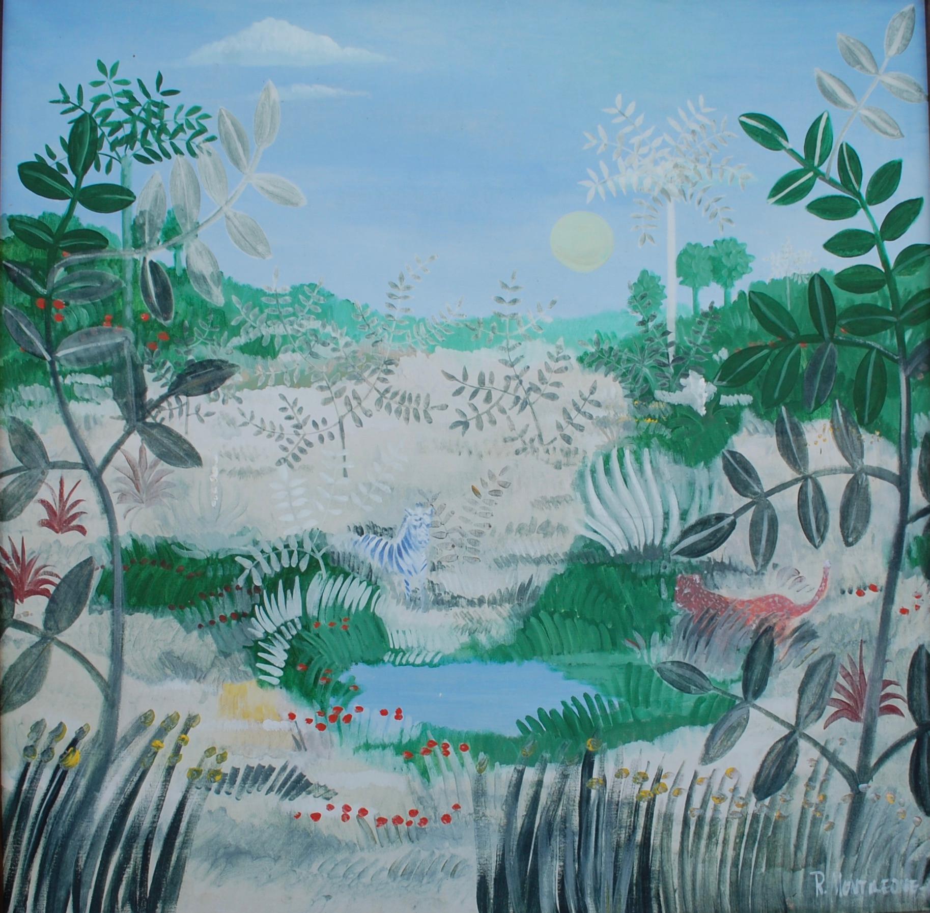 Jungle with Tiger,
Large exotic oil on canvas in the style of Henri Rousseau paintings, about 1970s signed R. Montileone. 
Canvas 48x48 with frame 56x56