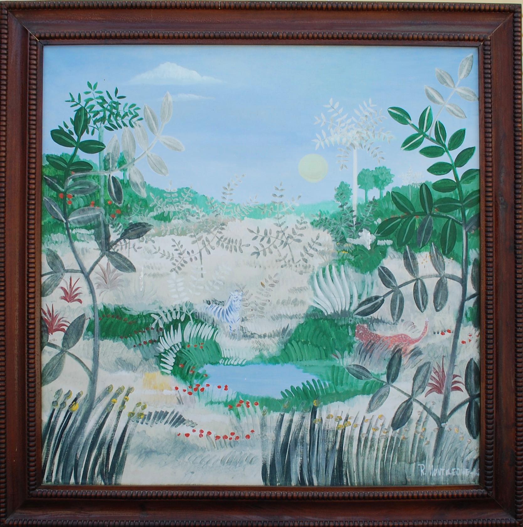 Landscape Painting R. Montileone - Grande peinture à l'huile exotique Jungle with Tiger