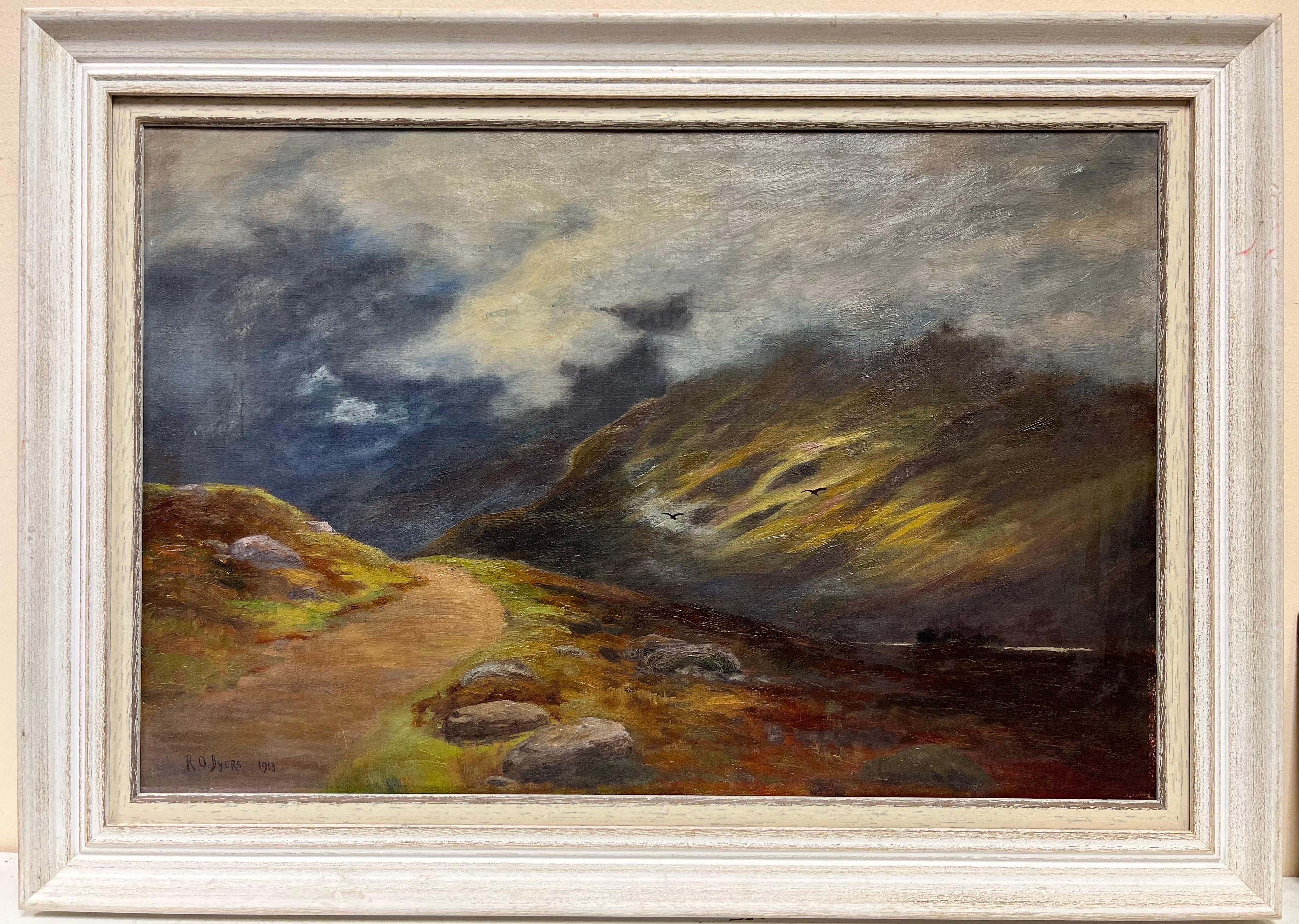 Atmospheric & Moody Scottish Highlands Landscape, signed oil Misty Mountain Glen - Painting by R. O. Byers, Scottish