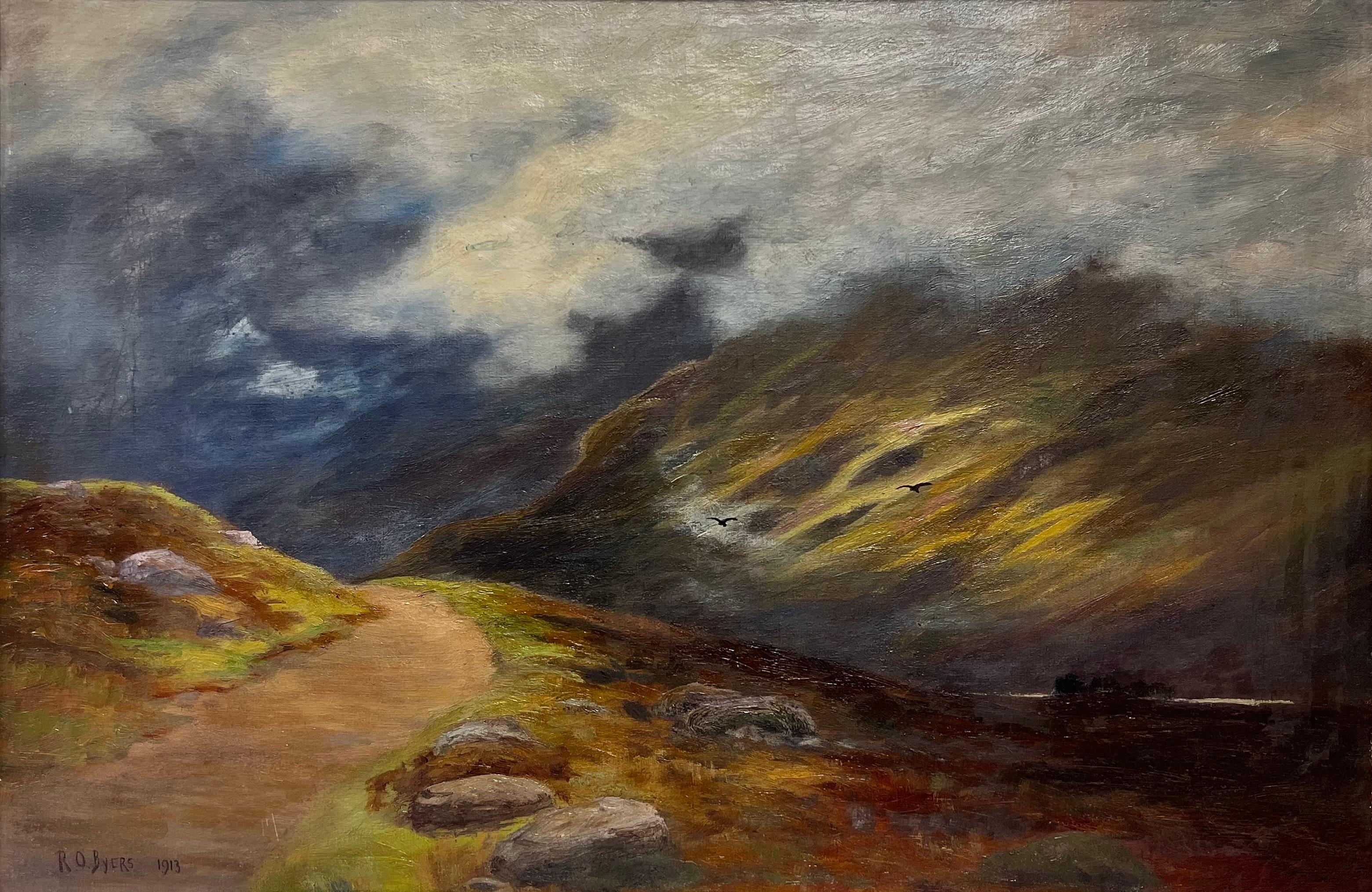 R. O. Byers, Scottish Animal Painting - Atmospheric & Moody Scottish Highlands Landscape, signed oil Misty Mountain Glen