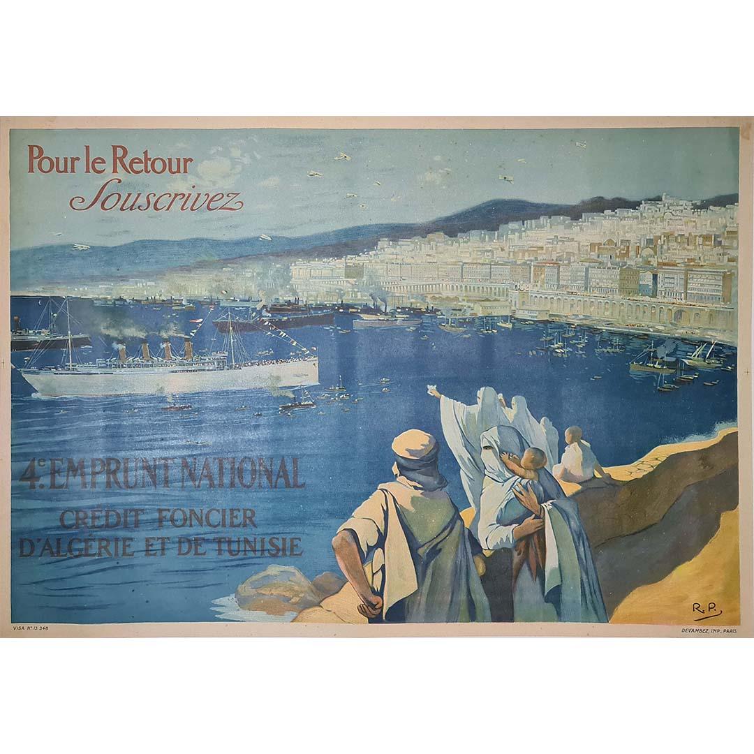 Circa 1920 original poster Pour le Retour Souscrivez port d'Alger - Print by R. P.
