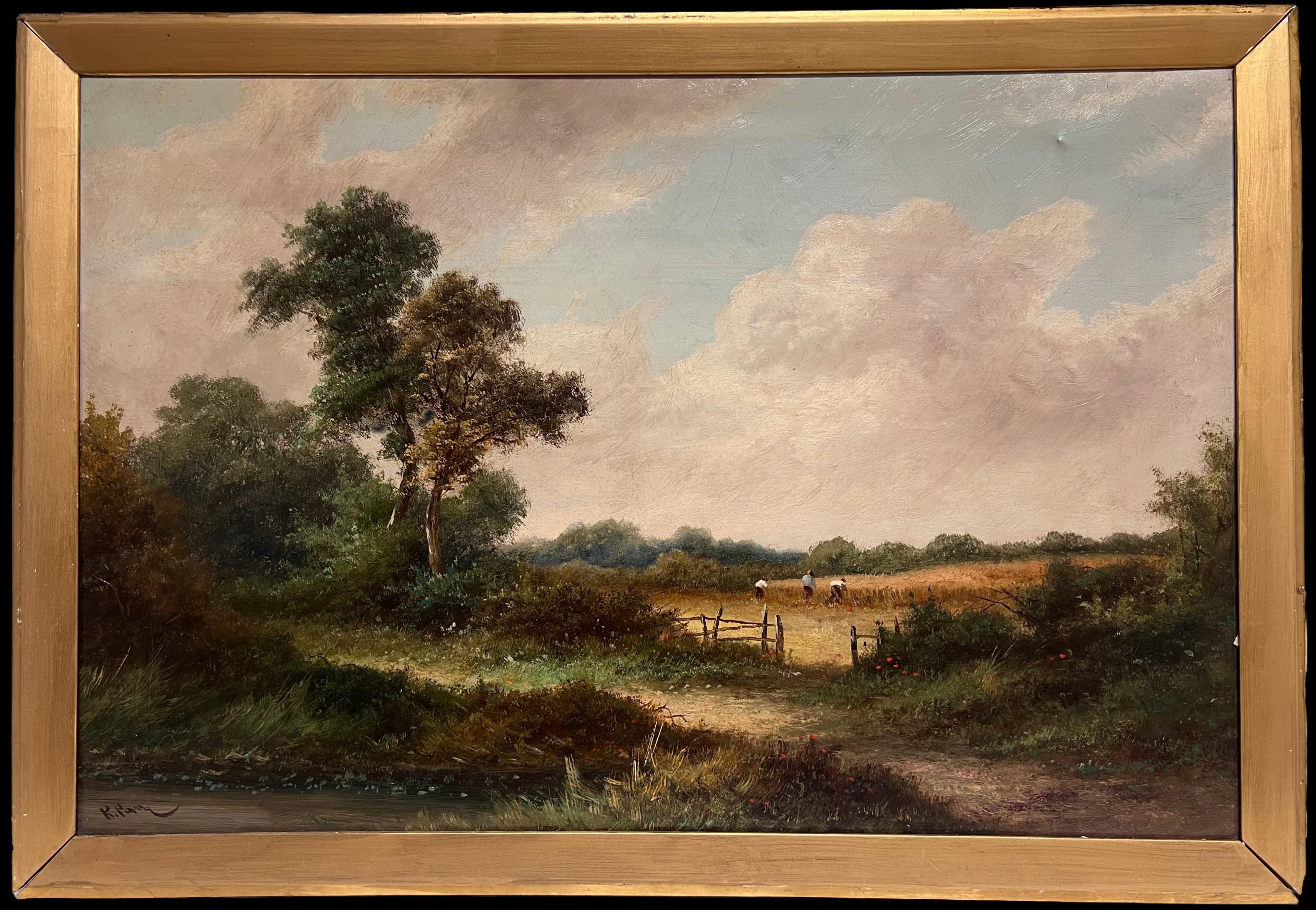 Viktorianische traditionelle englische ländliche Landschaft signiert Malerei Erntearbeiter – Painting von R. Parry