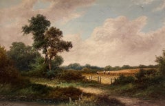Victorian Traditional English Rural Landscape Signed Painting Harvest Workers