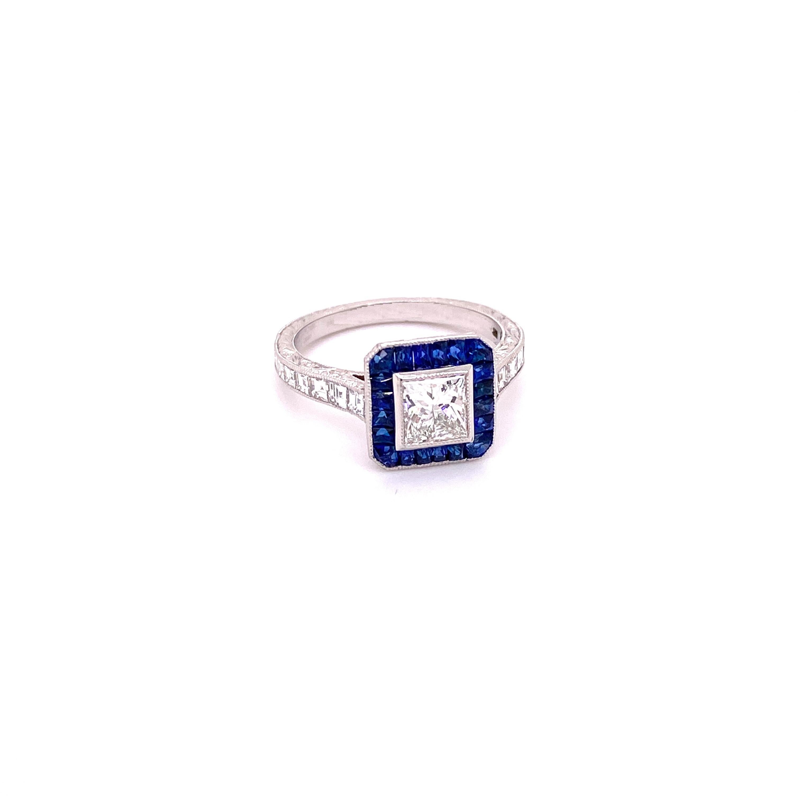 Princess Cut Diamond Ring with French cut Baguette Sapphires
Metal: Platinum
Diamond Info: 
      1 Princess Cut Diamond F VVS2, 0.82 ct
      16 Square Baguette Diamonds 0.68 ct
Total Diamond Weight: 1.50 cwt.
Stone info:
      20 French Cut