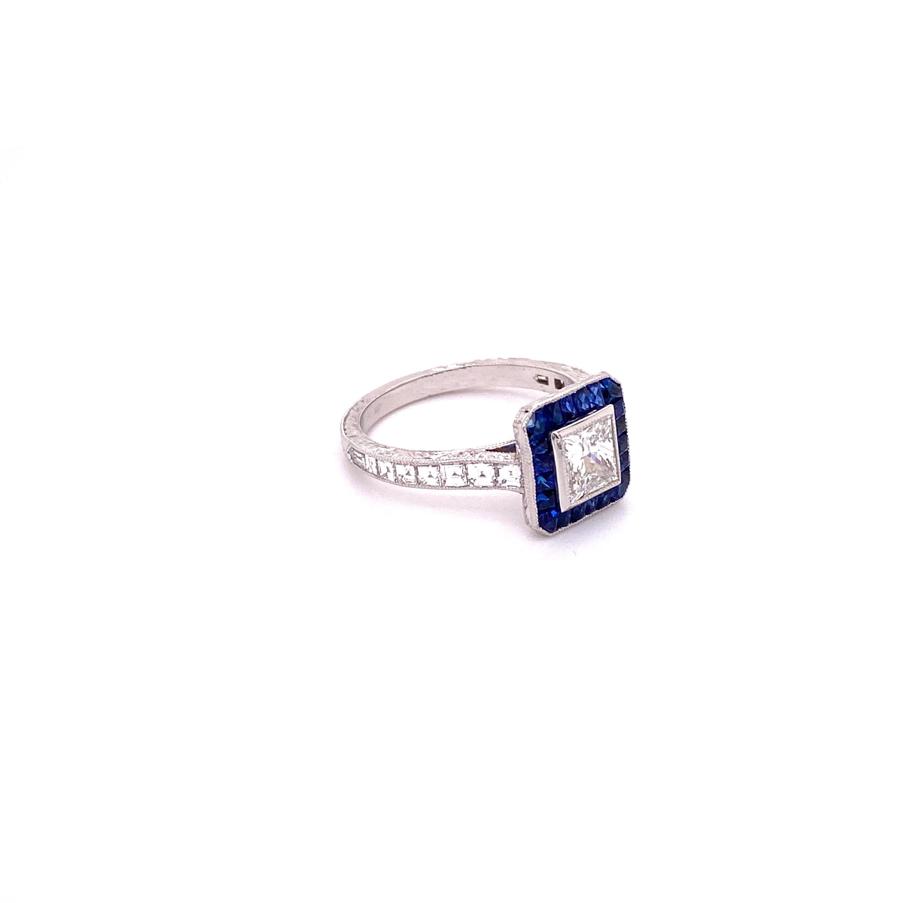 R-PR-SD - Princess Cut Diamond Ring with French cut Baguette Sapphires For Sale 2