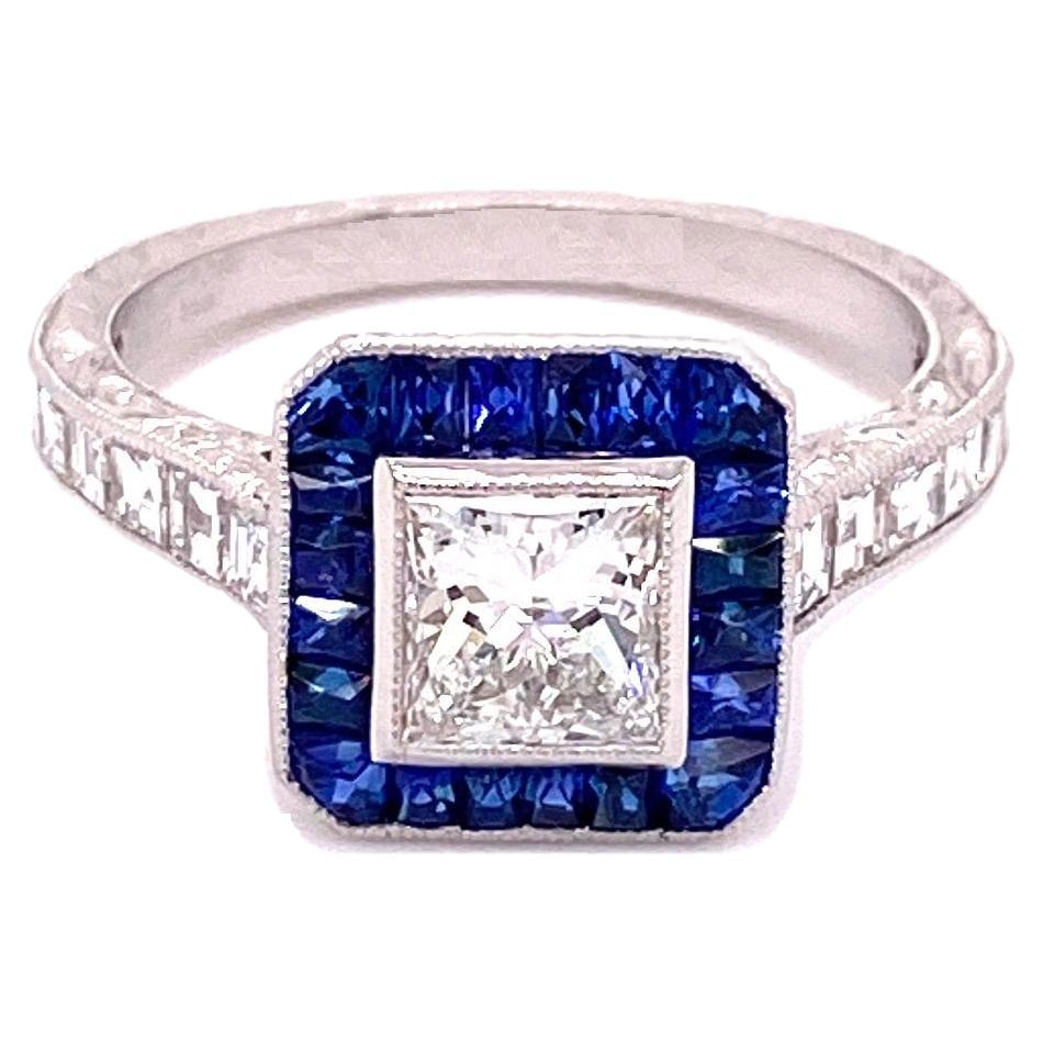 R-PR-SD - Princess Cut Diamond Ring with French cut Baguette Sapphires For Sale