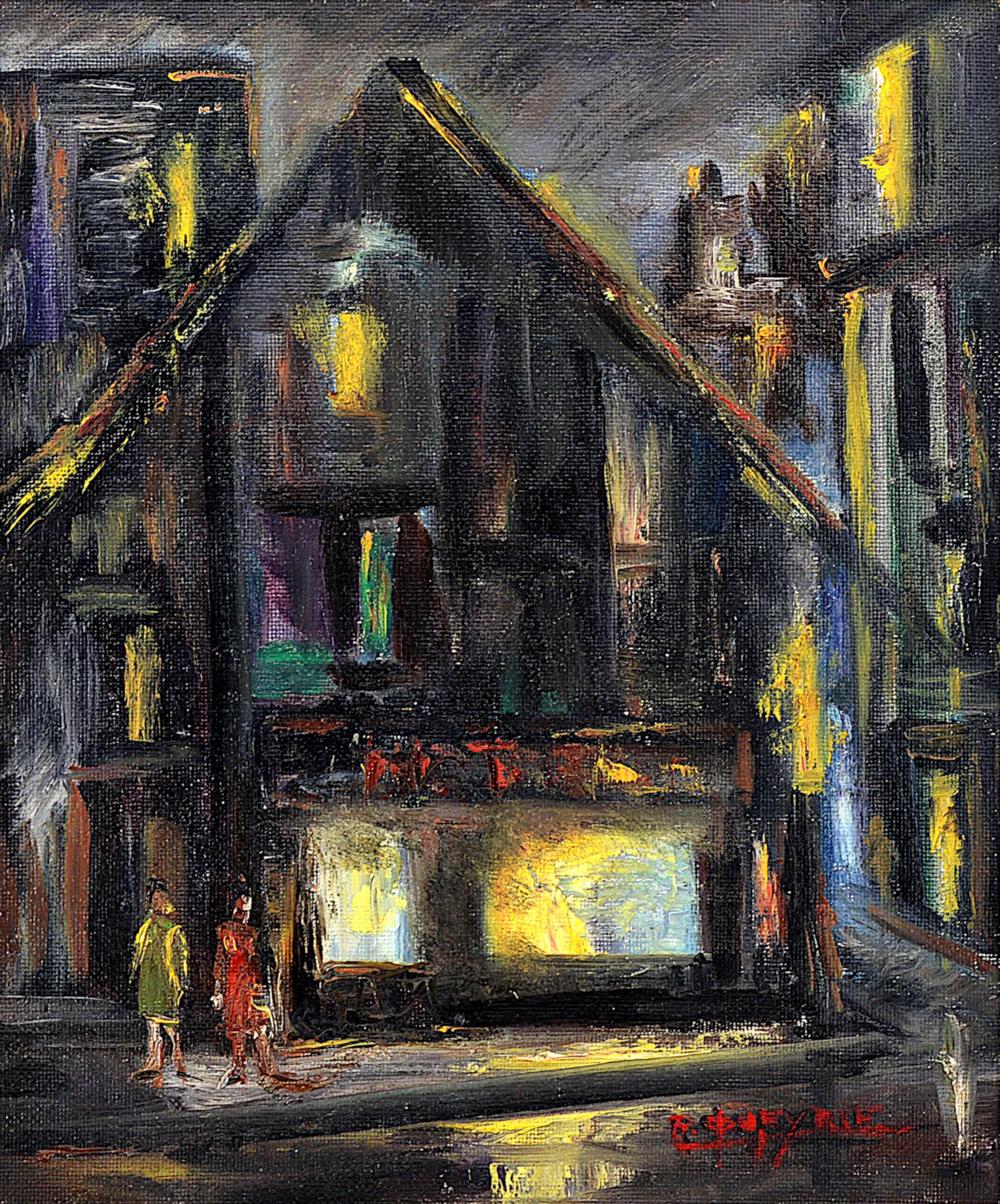 R. QUEYRIE, Walking the Streets, Oil on Hardboard, 1950s - Painting by R. Queyrie
