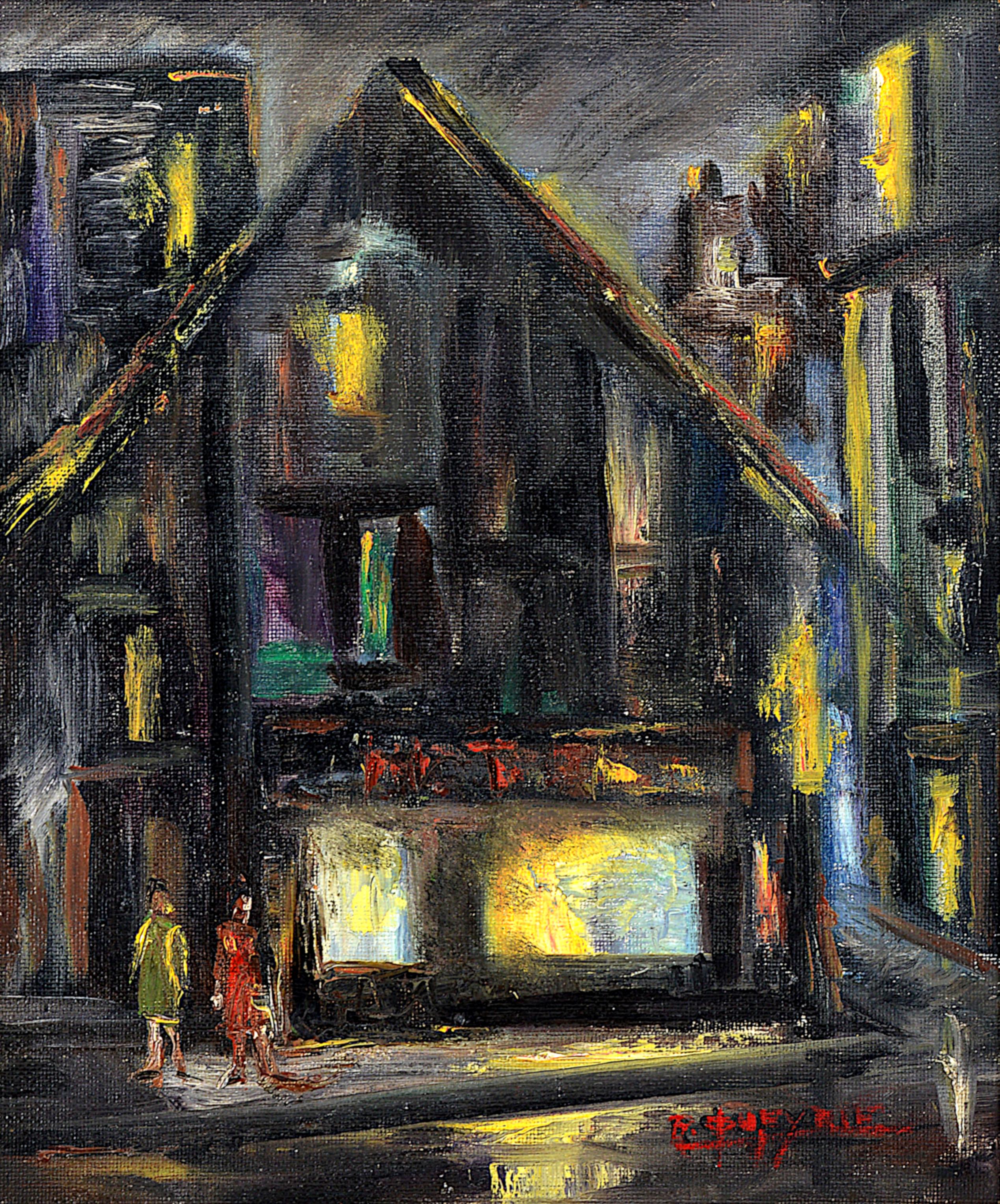 R. QUEYRIE, Camminare per le strade, olio su tavola rigida, anni '50 - Painting di R. Queyrie