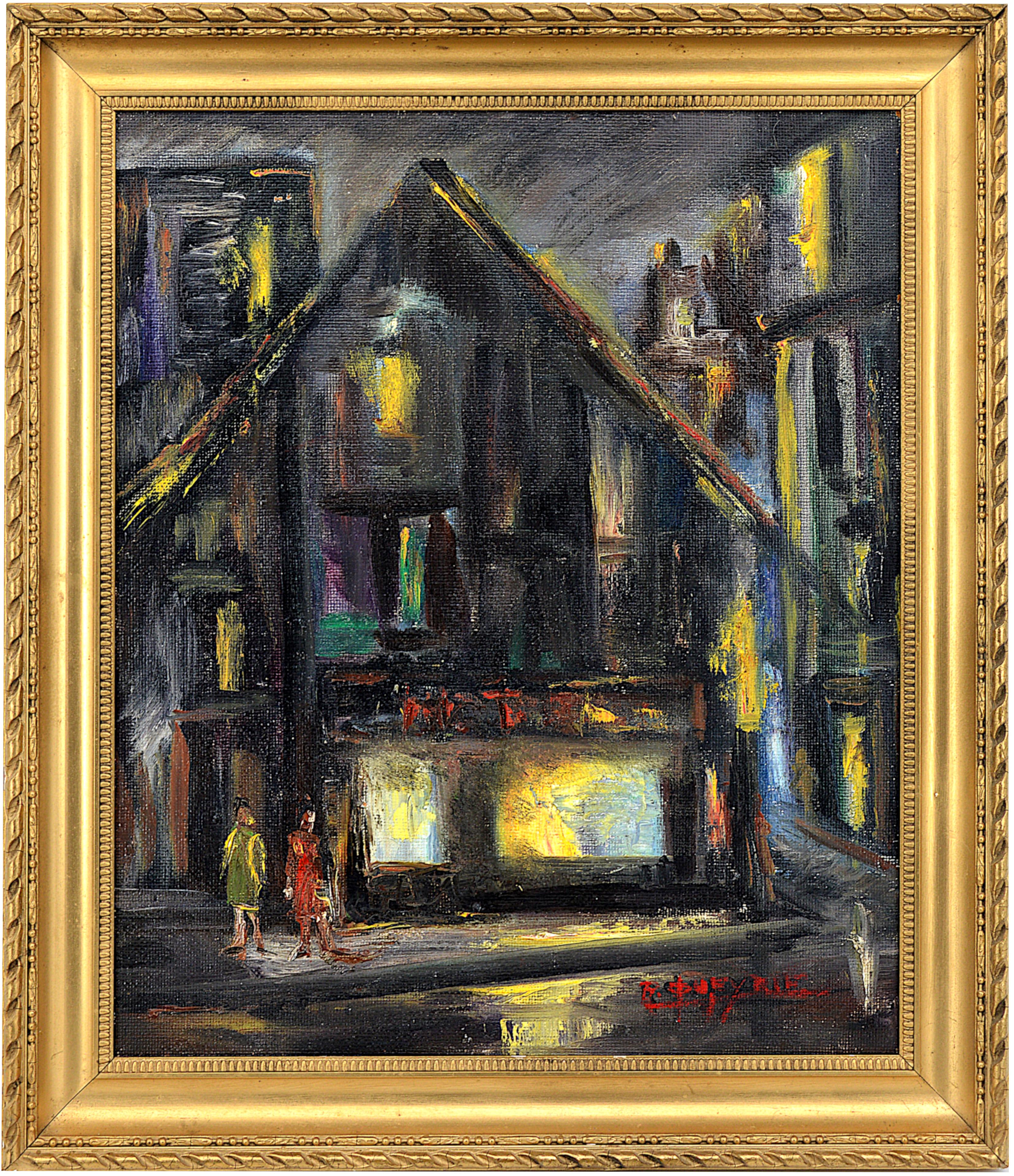 R. Queyrie Figurative Painting - R. QUEYRIE, Walking the Streets, Oil on Hardboard, 1950s